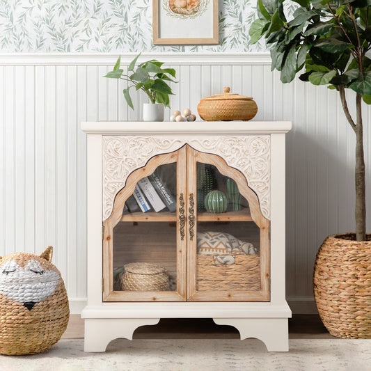 Captiva Designs Vintage Hollow Carved 2 Door Wood Storage Cabinet for Kitchen Entryway Living Room