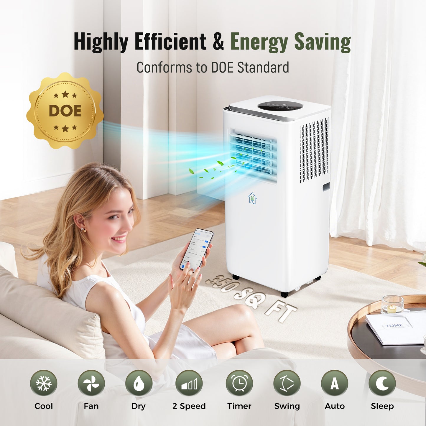 Captiva Designs Portable Air Conditioner Smart Quiet AC Unit with App and Remote Control & 24H Timer