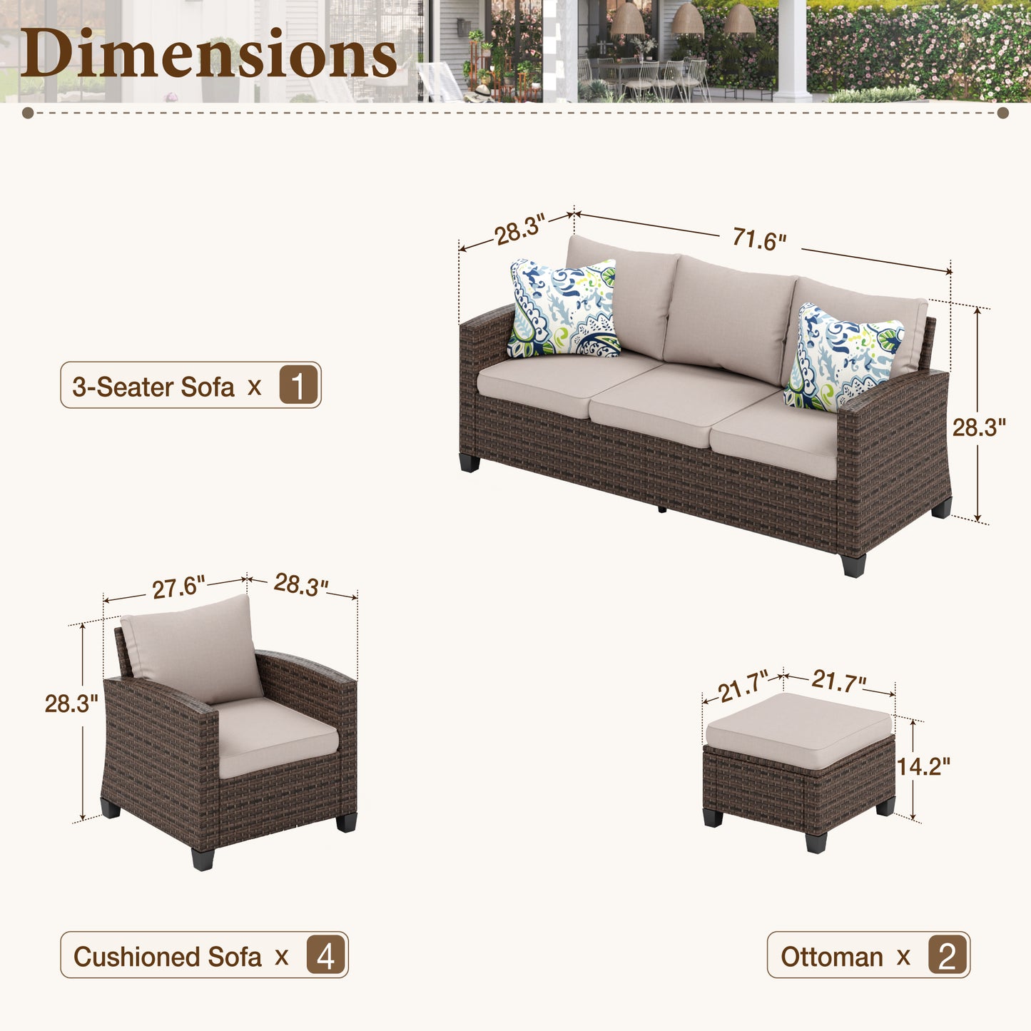 Captiva Designs 7pc Outdoor Patio Wicker Conversation Set with 4Cushioned Single Sofas for Garden Poolside Backyard