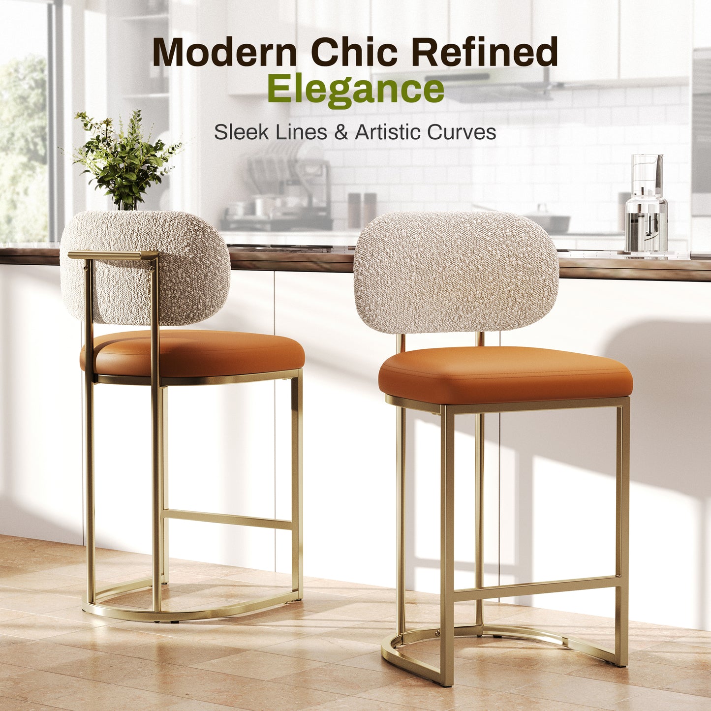 Captiva Designs 24.8 inch Counter Height Bar Stool with Large Chenille Back & PU Leather Seat & Footrest & Adjustable Foot Pad & Sturdy Steel Frame