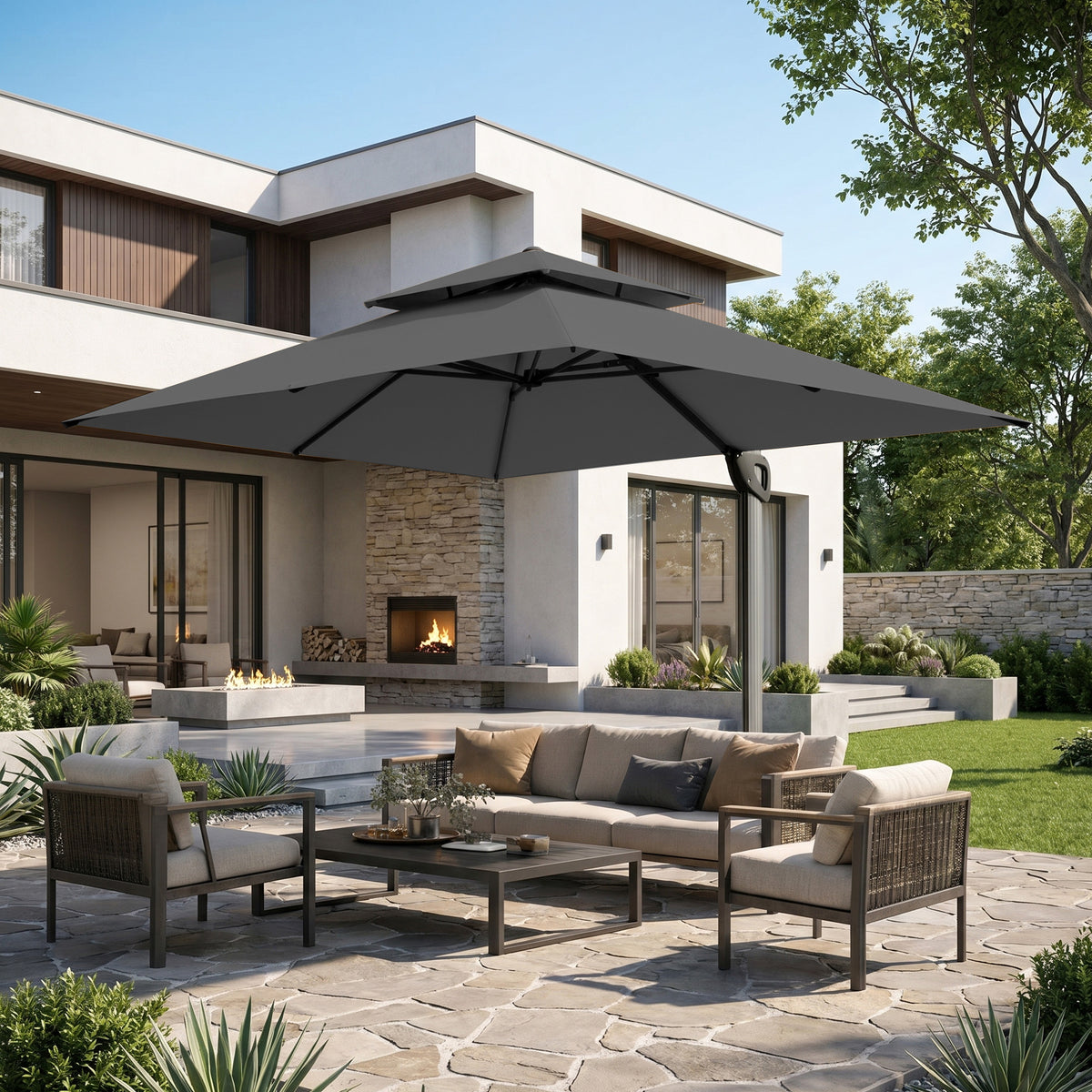 Captiva Designs Premium Rectangular Cantilever Patio Umbrella with 2-Tier Design