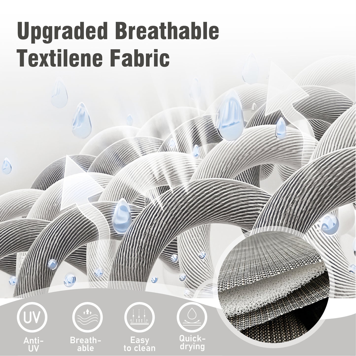 Captiva Designs 7pc Patio Black Slatted Round Steel Table with Umbrella Hole & Grayish Brown Textilene Chairs