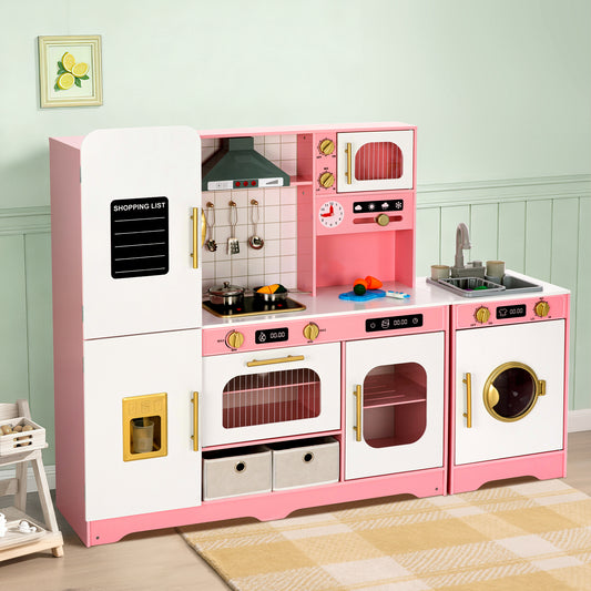 Captiva Designs Indoor Kids Kitchen Playset, Wooden Pretend Play Toy Set with Telephone, Stove, Microwave, Dishwasher, Real Sounds and Lights