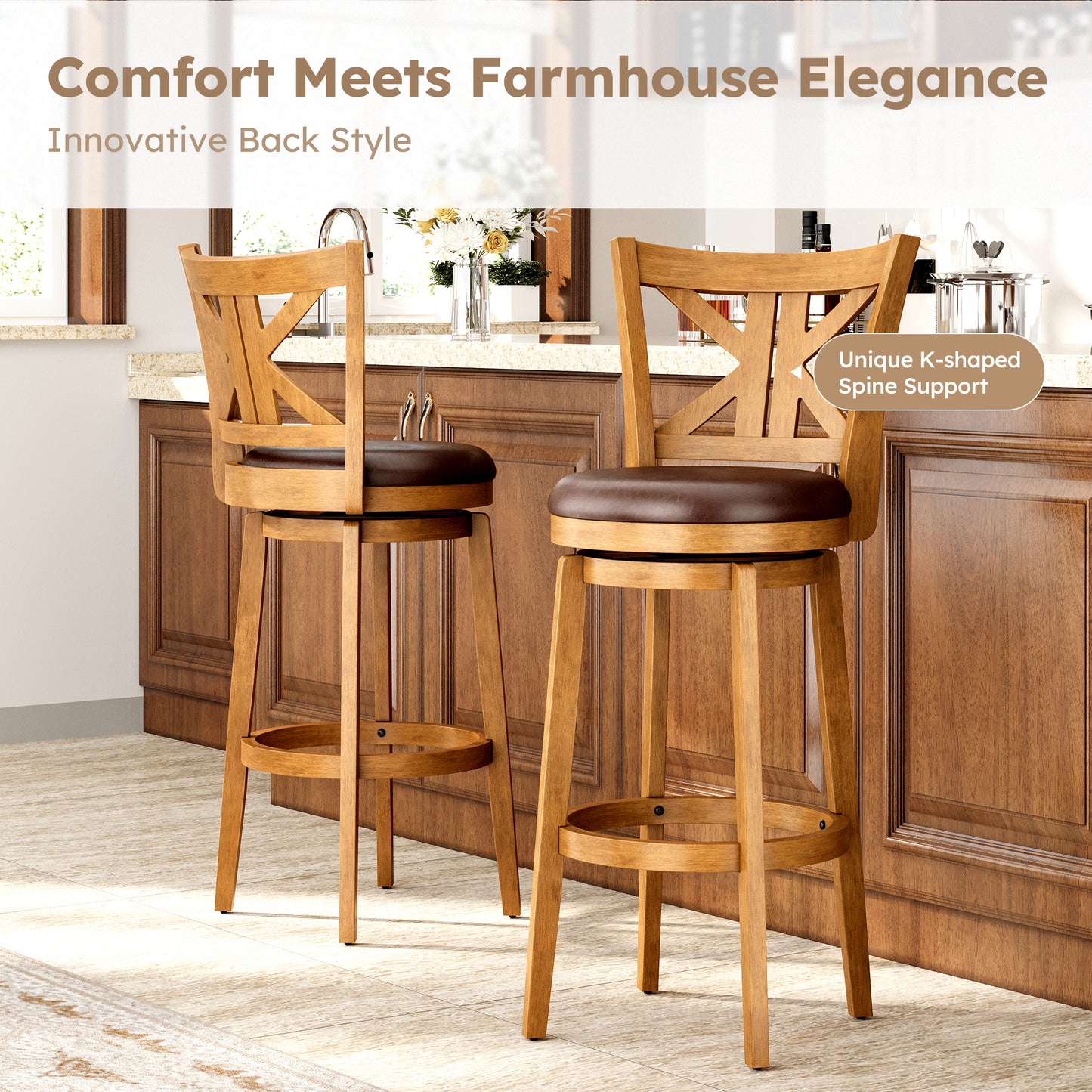 Captiva Designs Counter & Bar Height Swivel Bar Stools with Faux Leather Upholstered Seat & Rubberwood Frame & Wrap-Around Footrest