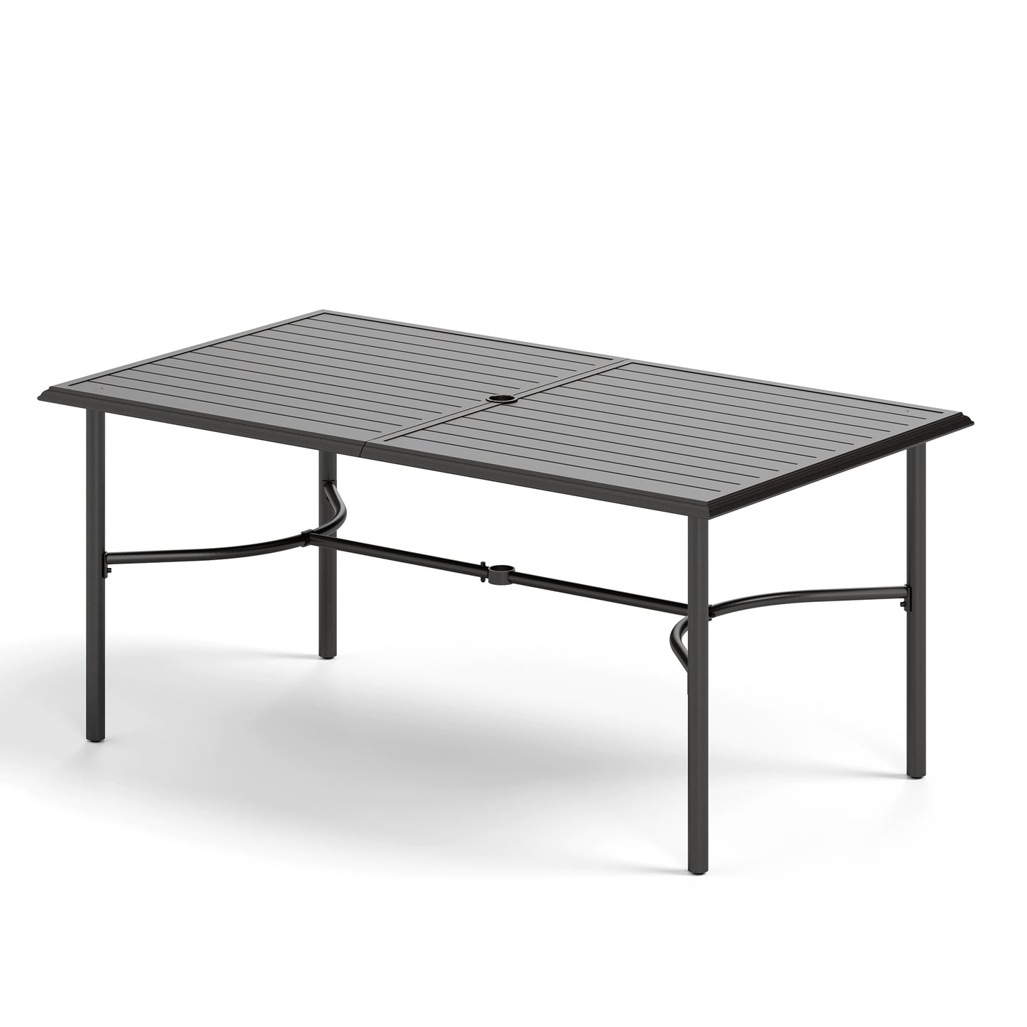 Captiva Designs 7pc Patio Slatted Top Steel Dining Table with Umbrella Hole & Stylish Cushioned Metal Chairs