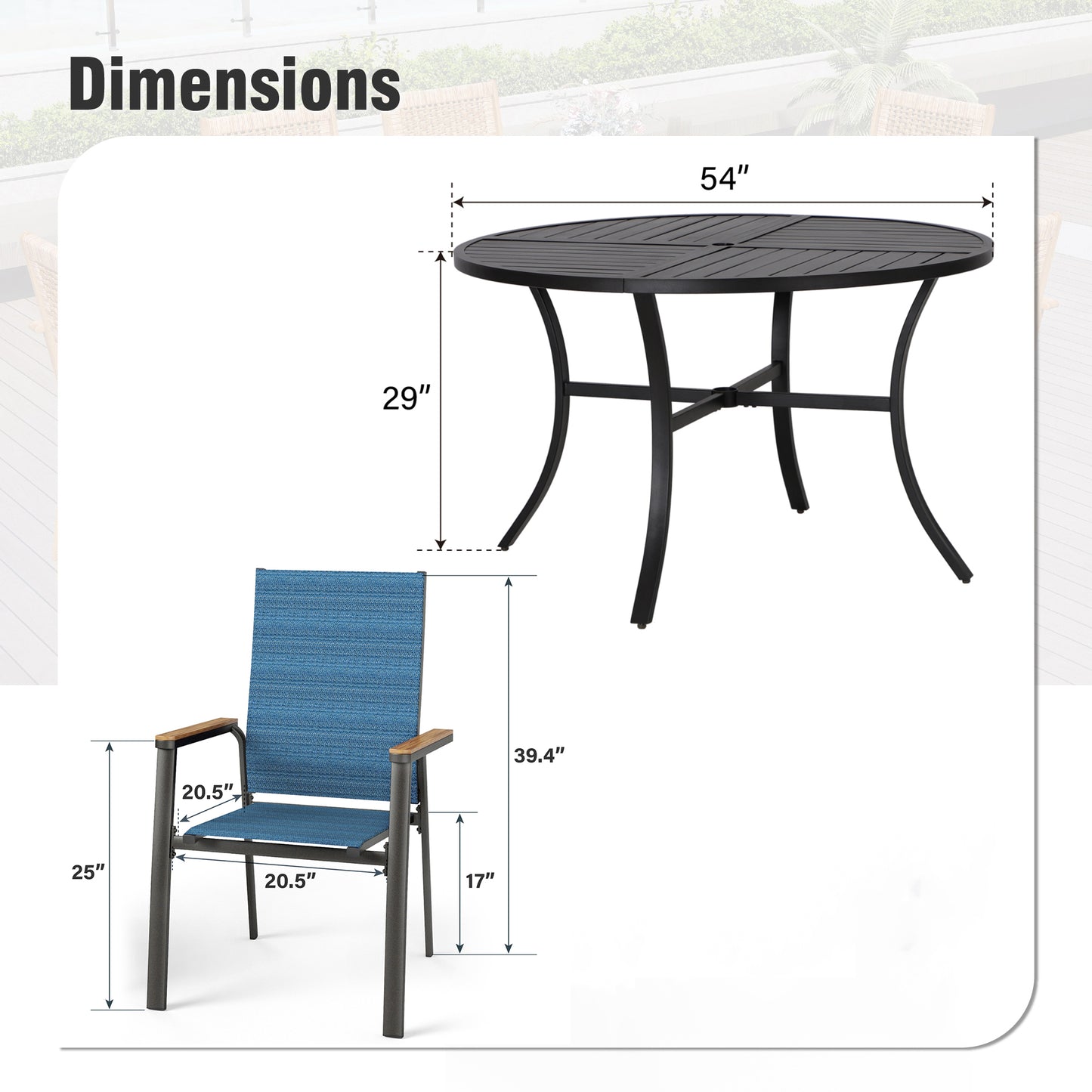 Captiva Designs 7 件套露台餐桌椅套装，配有几何图案长方形桌子和带木质扶手的吊带椅
