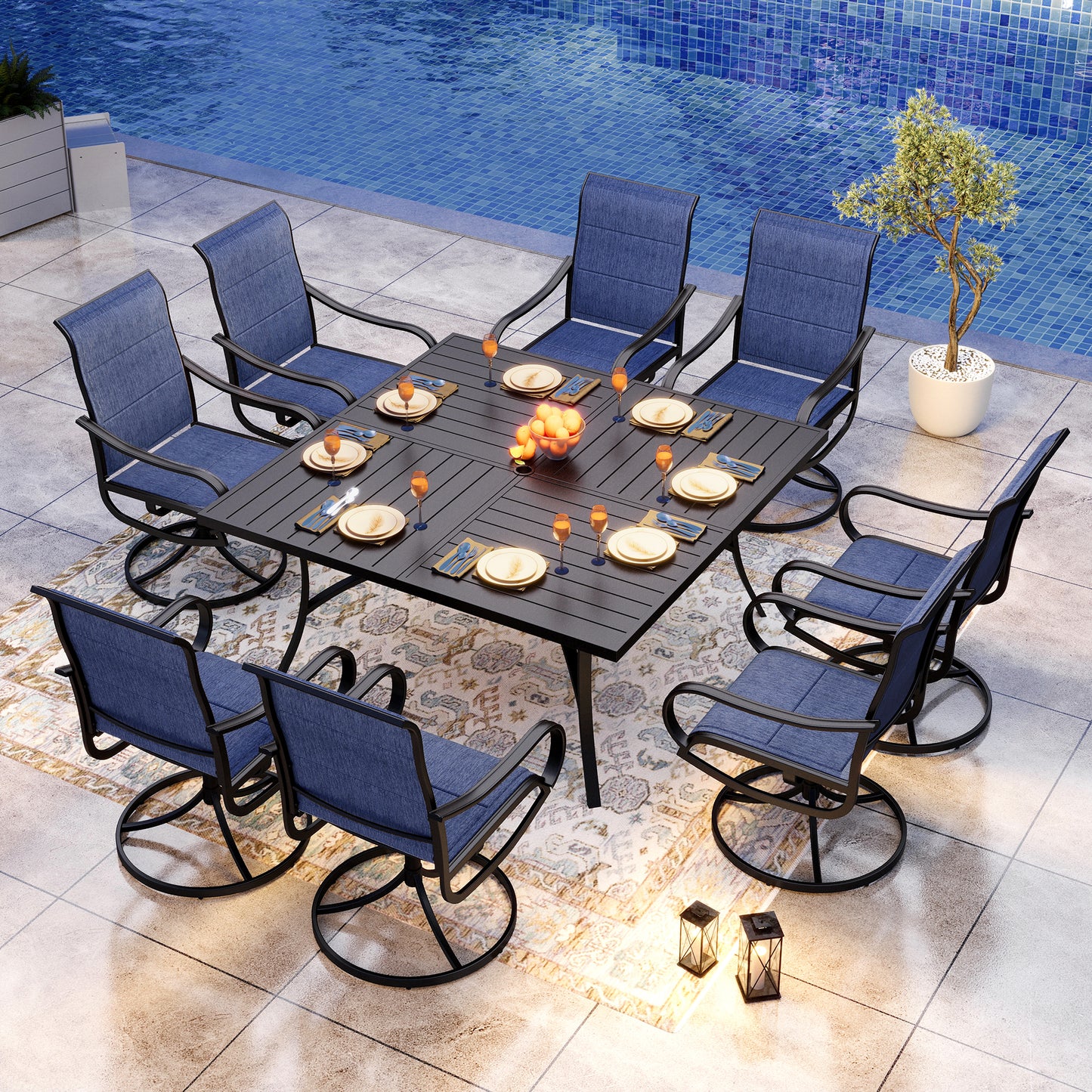 Captiva Designs 9pc Spacious Slat-top Square Metal Table with Umbrella Hole & Padded Textilene Swivel Chairs