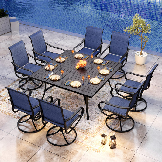 Captiva Designs 9pc Spacious Slat-top Square Metal Table with Umbrella Hole & Padded Textilene Swivel Chairs