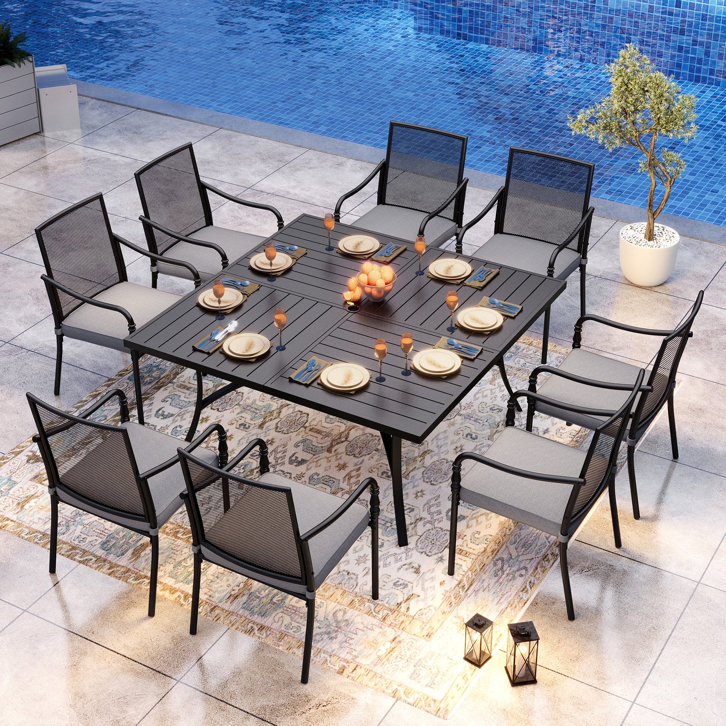 Captiva Designs 9pc Patio Dining Set with Spacious Slat-top Square Metal Table & Steel Frame Chairs