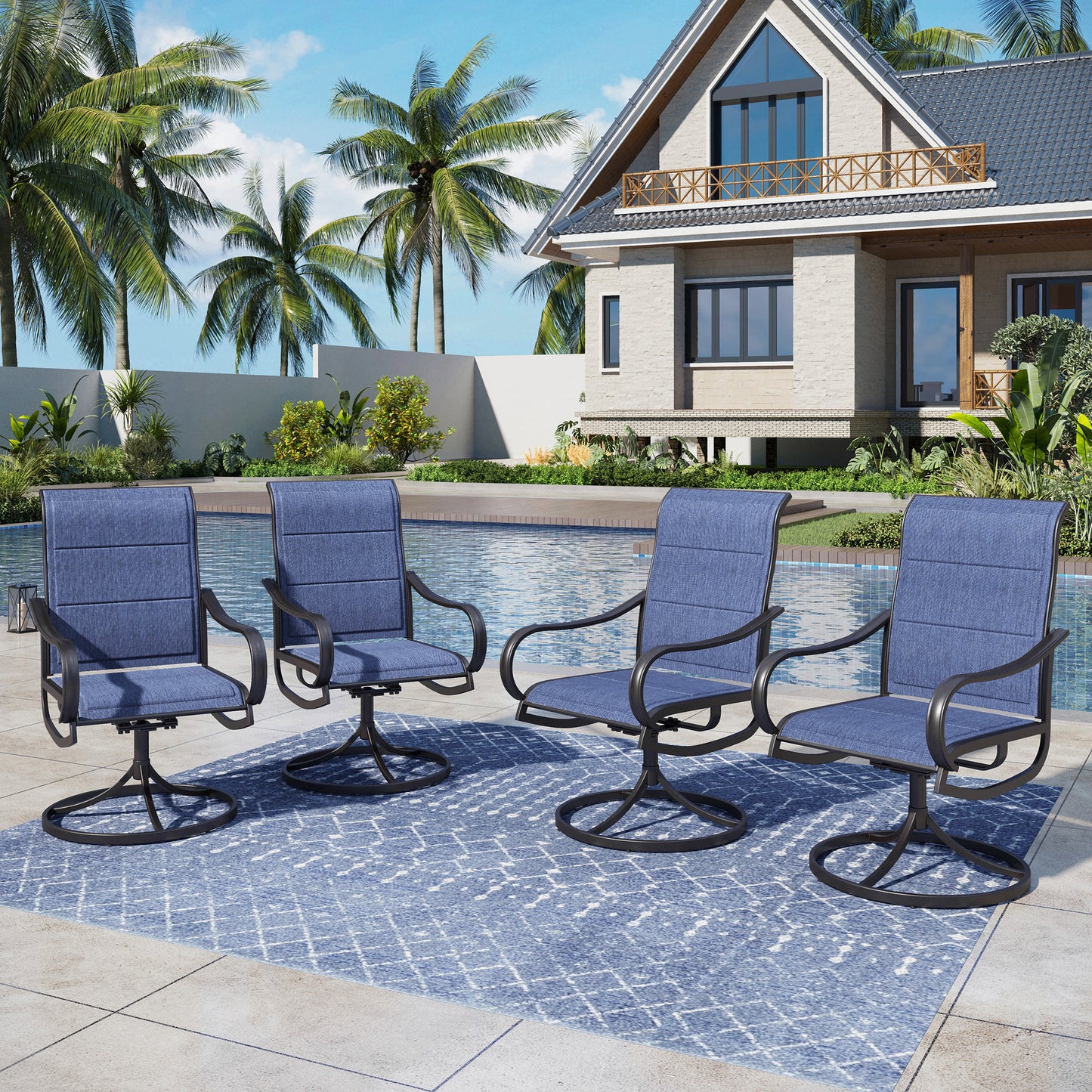 Captiva Designs 9pc Spacious Slat-top Square Metal Table with Umbrella Hole & Padded Textilene Swivel Chairs