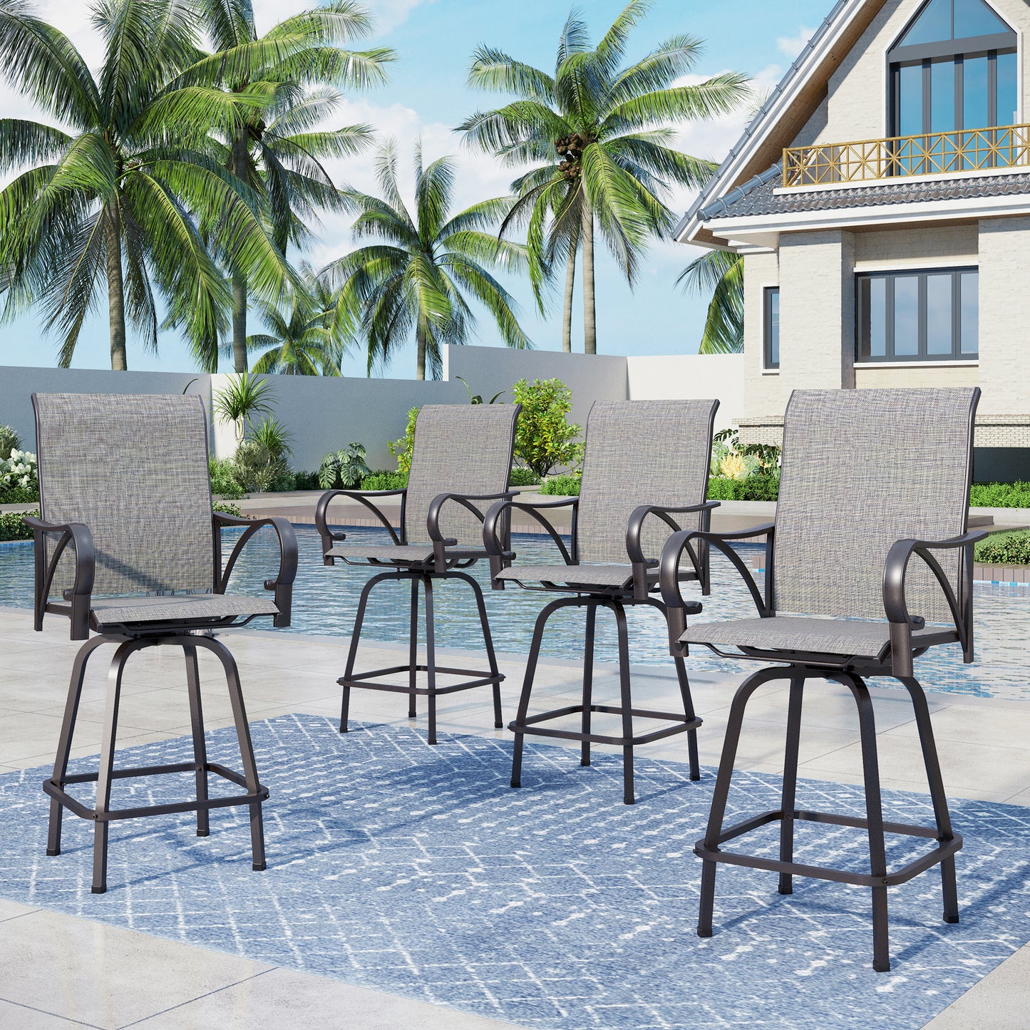 Captiva Designs Outdoor Patio Breathable Textilene Sling High Bar Steel Stools with Stylish Armrests