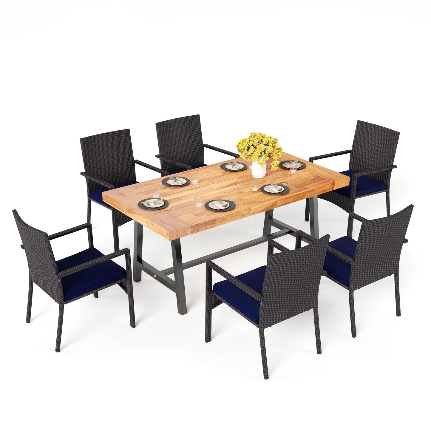 Captiva Designs 7Pc Patio Dining Oil Finished Tabletop Acacia Wood Table & Rattan Chairs