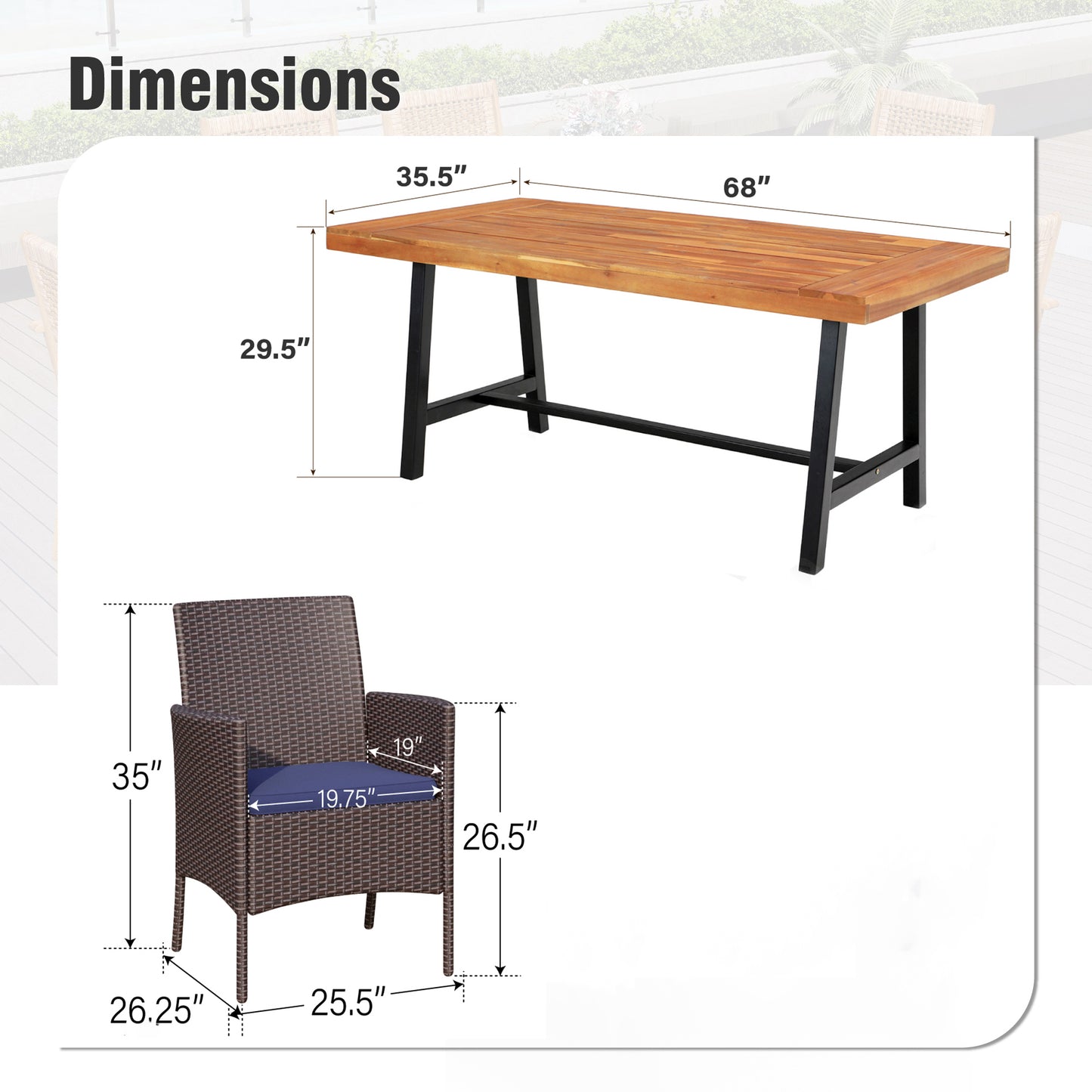 Captiva Designs 7Pc Patio Dining Oil Finished Tabletop Acacia Wood Table & Rattan Chairs