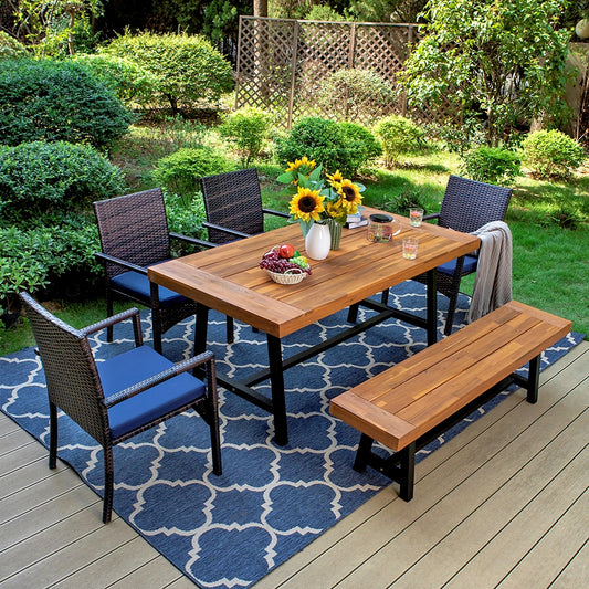 Captiva Designs 6Pc Patio Dining Oil Finished Tabletop Acacia Wood Table & Rattan Chairs & Backless Acacia Wood Bench