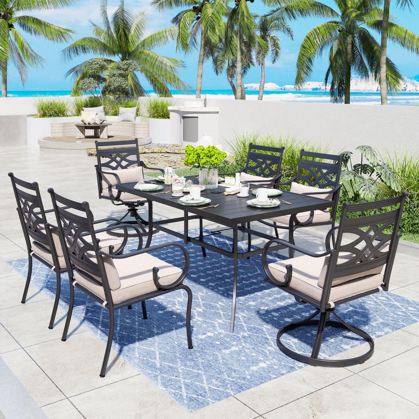 Captiva Designs 7pc Patio Dining Black Rectangular Table with Umbrella Hole & Metal Chairs with Seat Cushions and Waist Pillows