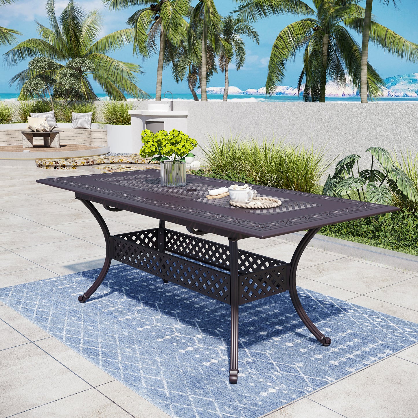 Captiva Designs Outdoor Patio Cast Aluminum Lawn Garden All Weather Engraved Cast-Top Dining Table
