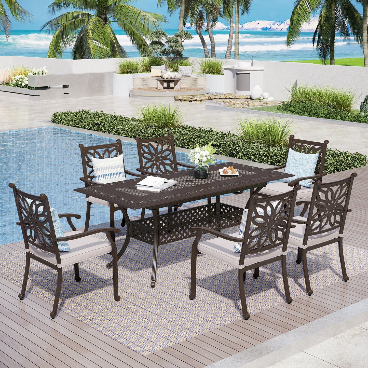 Captiva Designs Outdoor 7Pc Cast Aluminum Square Metal Dining Table with Umbrella Hole & Flower Back Chairs