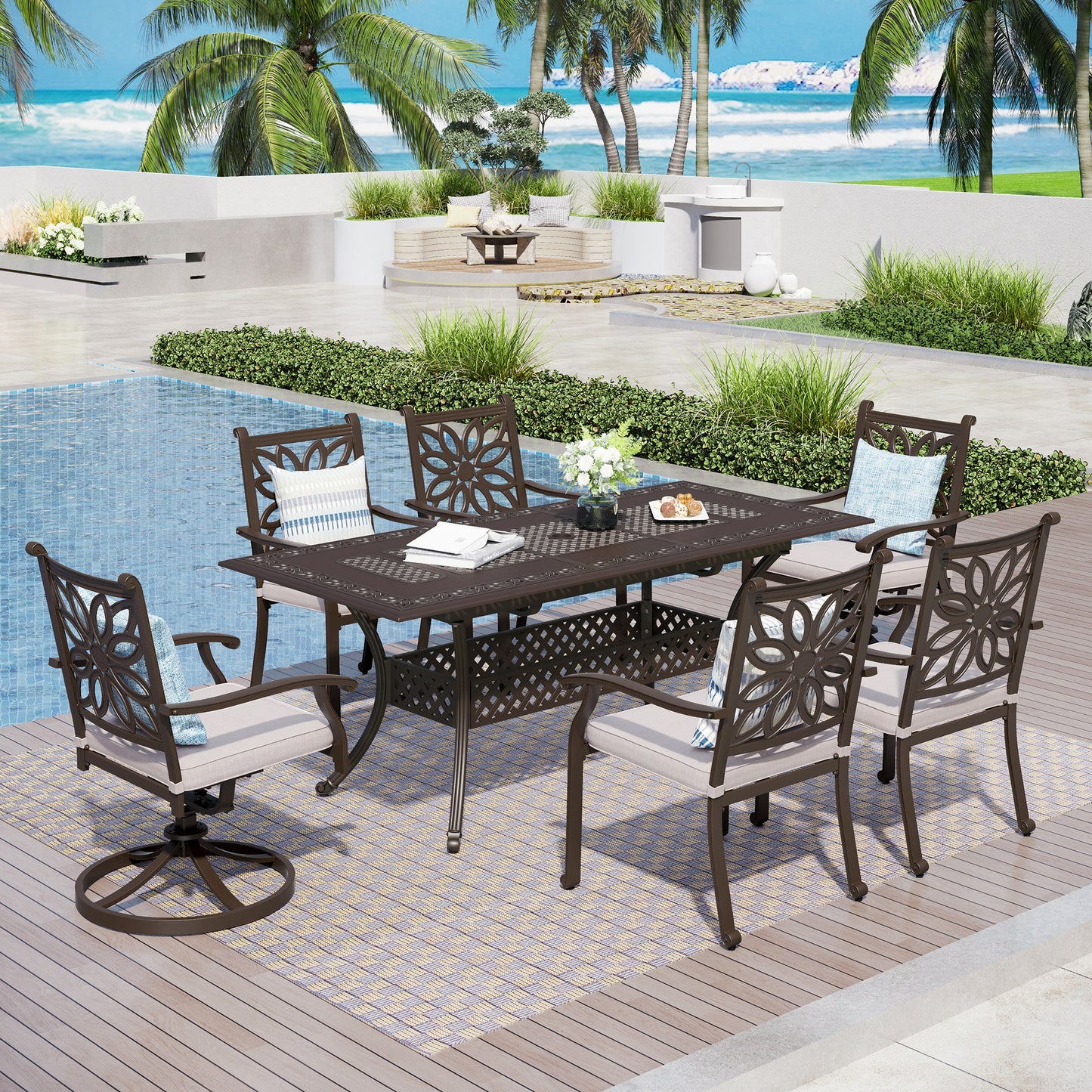Captiva Designs Outdoor 7Pc Cast Aluminum Square Metal Dining Table with Umbrella Hole & Flower Back Chairs