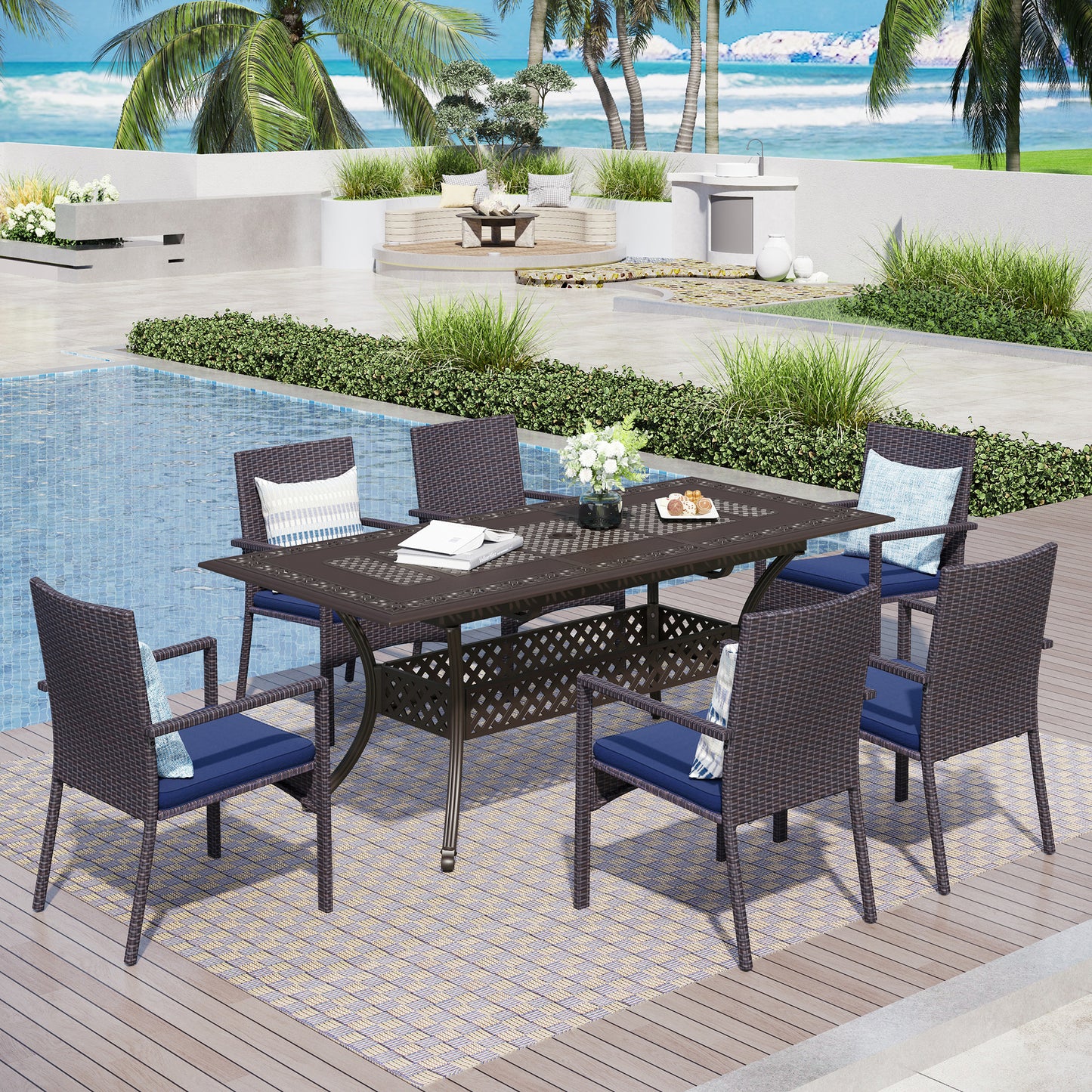 Captiva Designs Outdoor 7Pc Cast Aluminum Square Metal Dining Table with Umbrella Hole & Cushioned Wicker Rattan Chairs