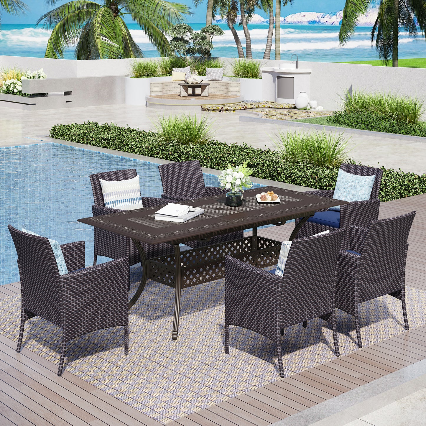 Captiva Designs Outdoor 7Pc Cast Aluminum Square Metal Dining Table with Umbrella Hole & Cushioned Wicker Rattan Chairs