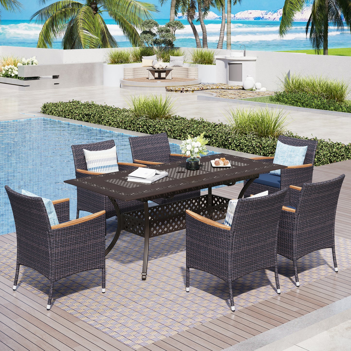 Captiva Designs Outdoor 7Pc Cast Aluminum Square Metal Dining Table with Umbrella Hole & Cushioned Wicker Rattan Chairs