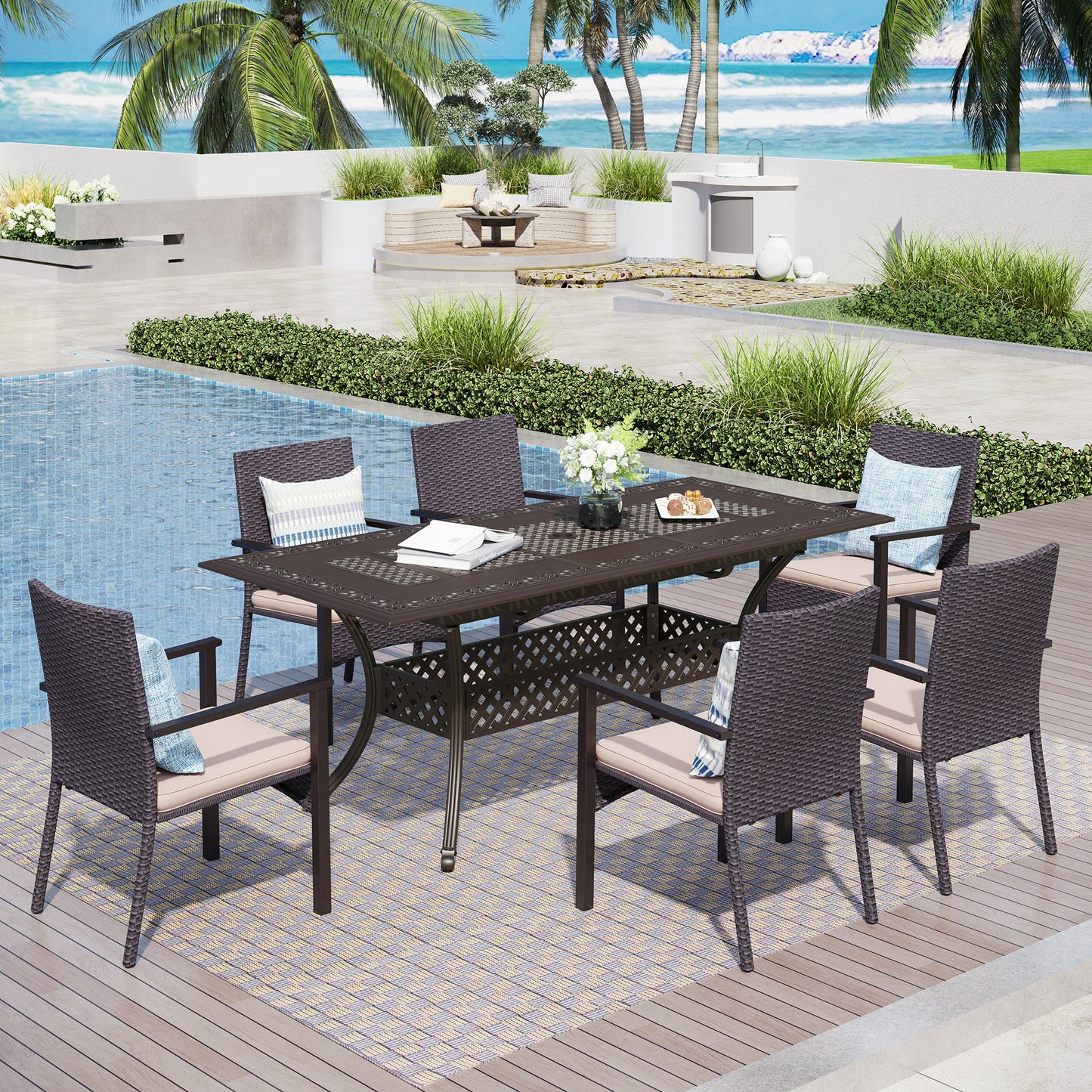 Captiva Designs Outdoor 7Pc Cast Aluminum Square Metal Dining Table with Umbrella Hole & Cushioned Wicker Rattan Chairs