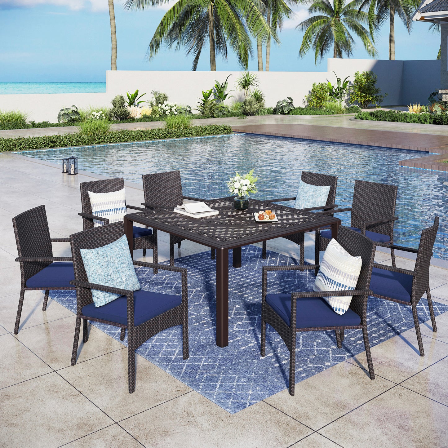 Captiva Designs Outdoor 9Pc Cast Aluminum Square Metal Dining Table with Umbrella Hole & Cushioned Wicker Rattan Chairs
