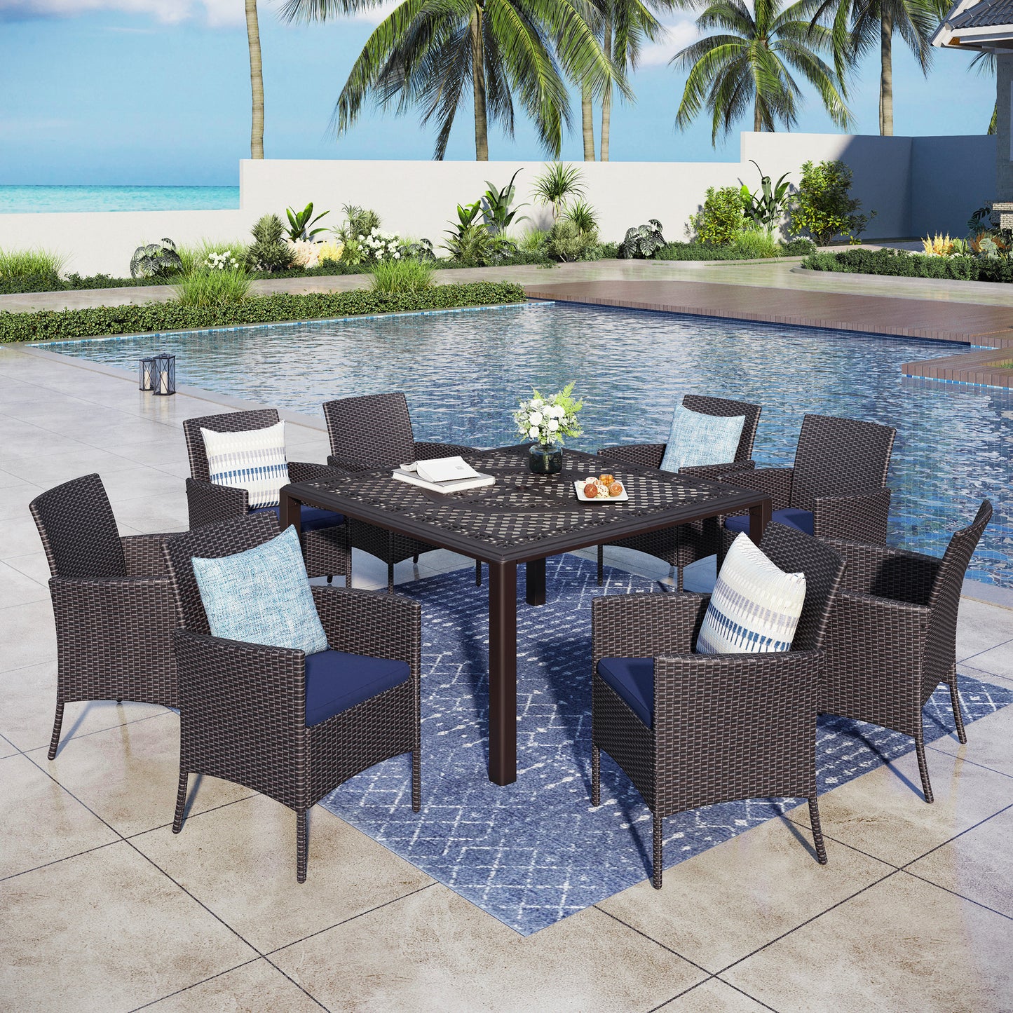 Captiva Designs Outdoor 9Pc Cast Aluminum Square Metal Dining Table with Umbrella Hole & Cushioned Wicker Rattan Chairs