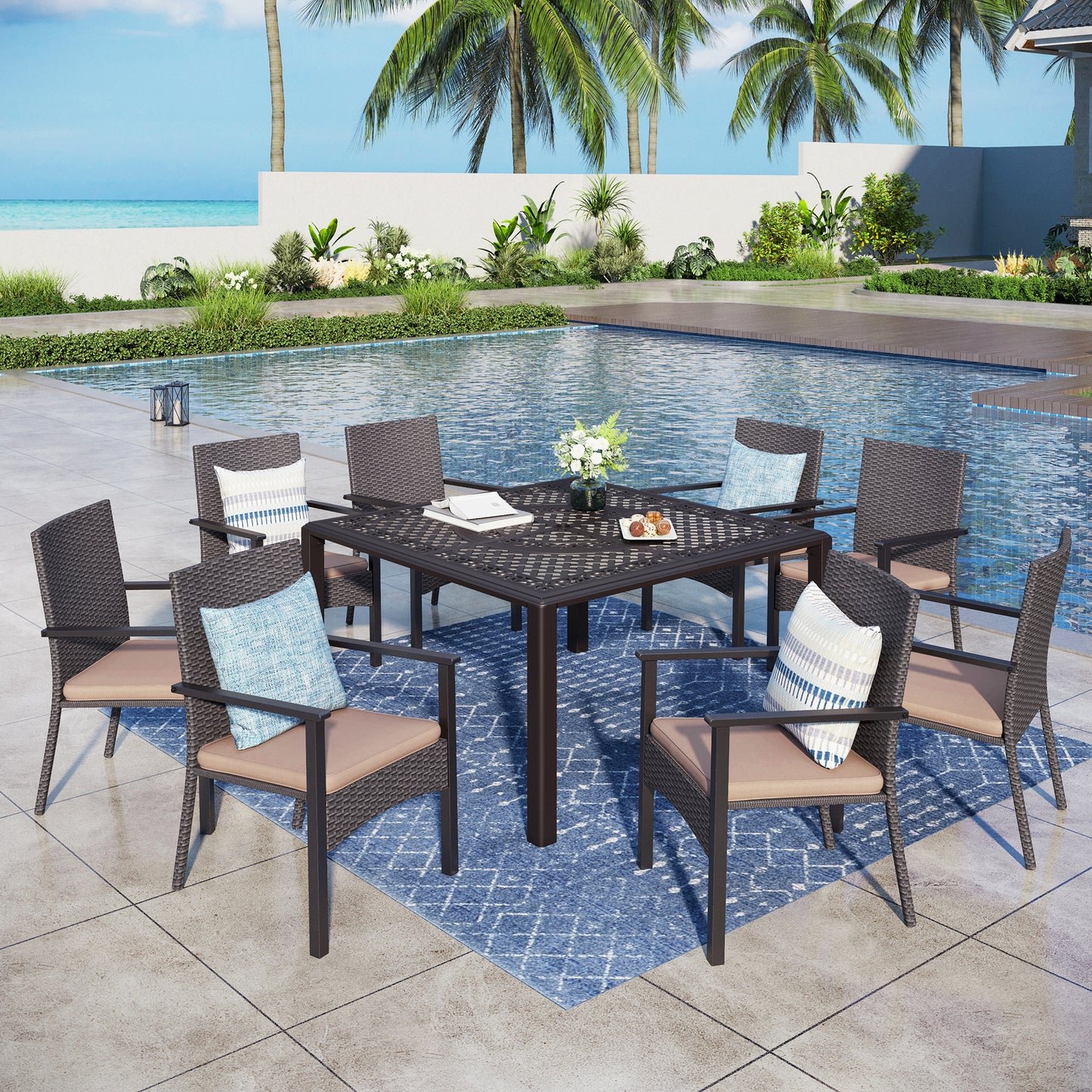 Captiva Designs Outdoor 9Pc Cast Aluminum Square Metal Dining Table with Umbrella Hole & Cushioned Wicker Rattan Chairs
