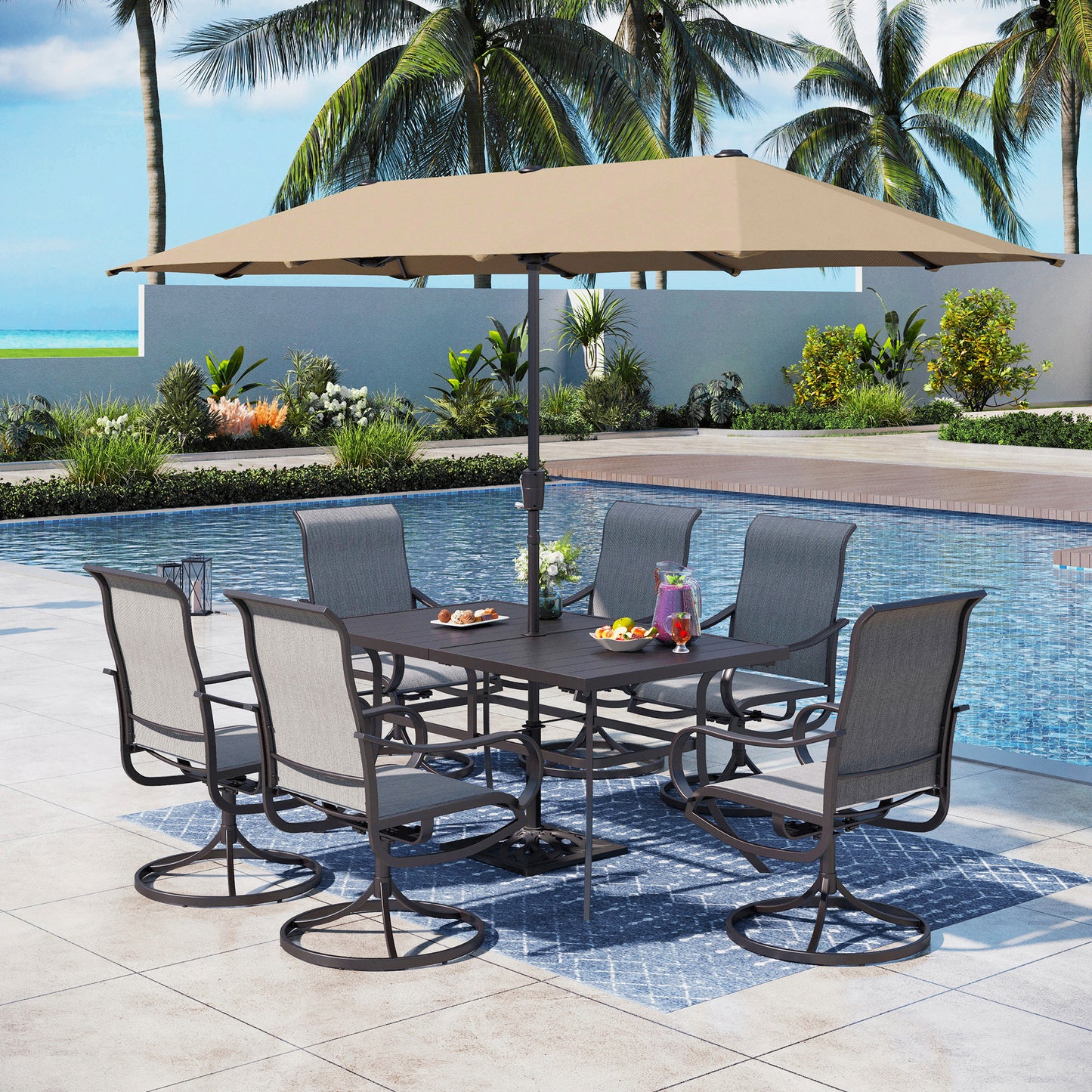 Captiva Designs 8pc Patio Rectangular Steel Dining Table & Sling Swivel Chairs & Market Umbrella
