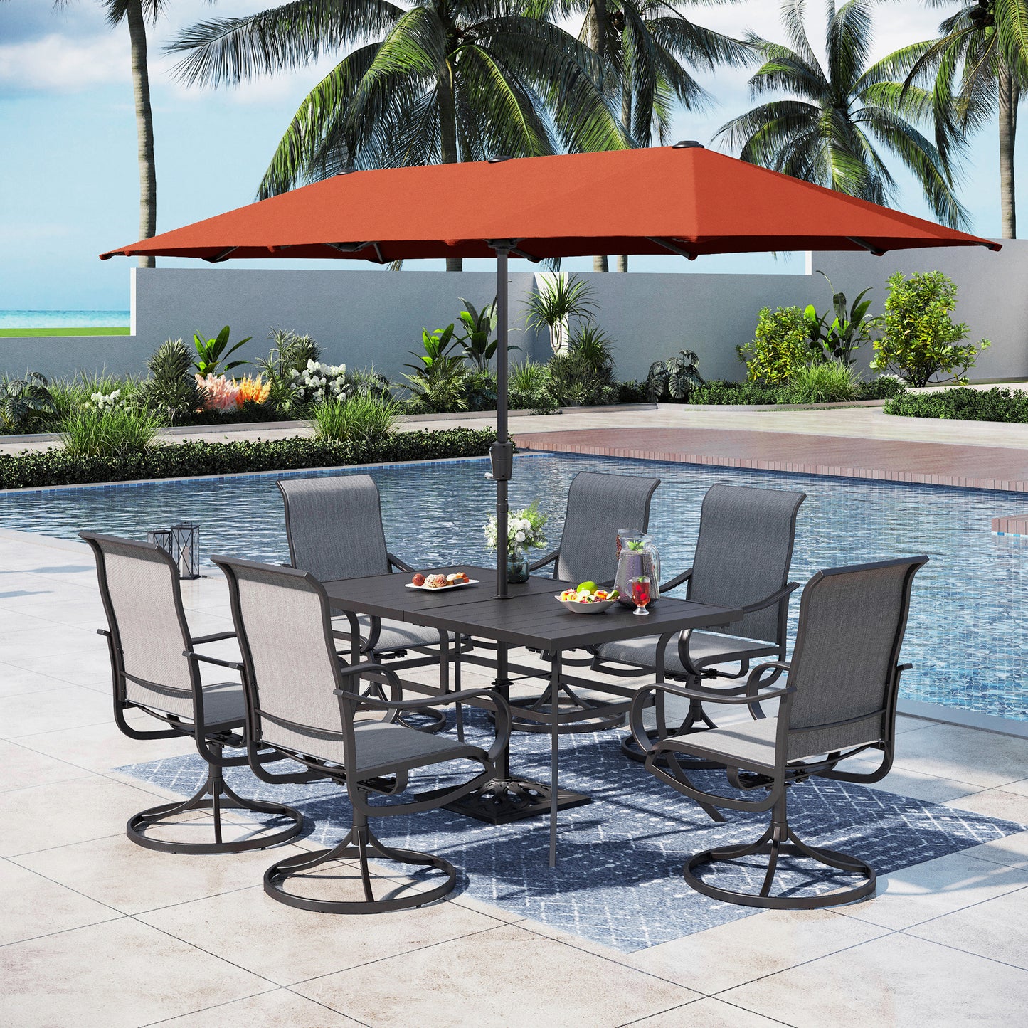 Captiva Designs 8pc Patio Rectangular Steel Dining Table & Sling Swivel Chairs & Market Umbrella