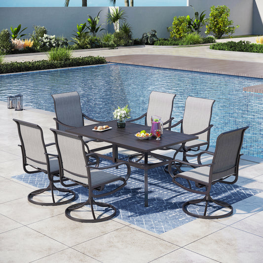 Captiva Designs 7pc Patio Dining Slat-top Rectangle Table & Textilene 360 Degree Swivel Chairs