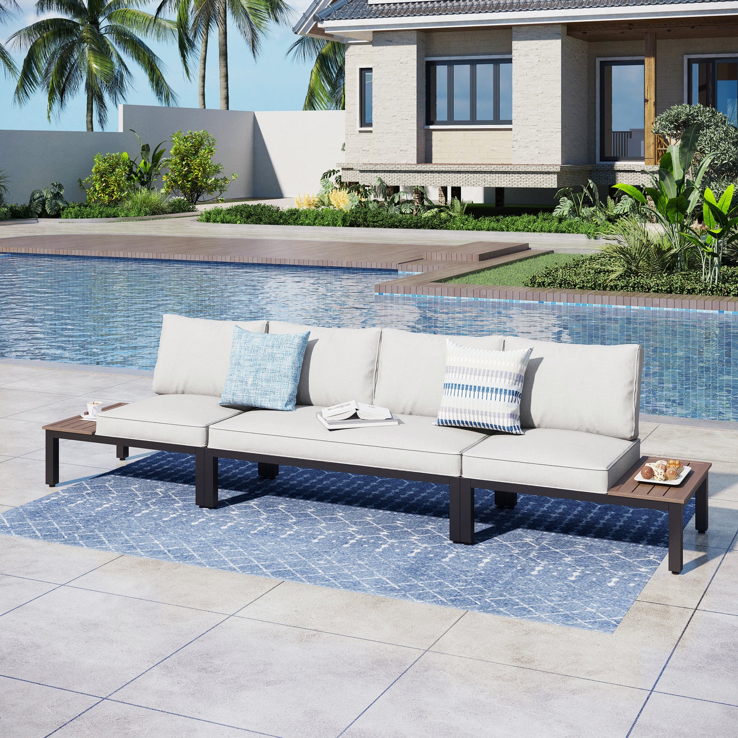 Captiva Designs Outdoor Off-white Conversation Set with Sectional Sofa & Coffee Table & Removable Cushion