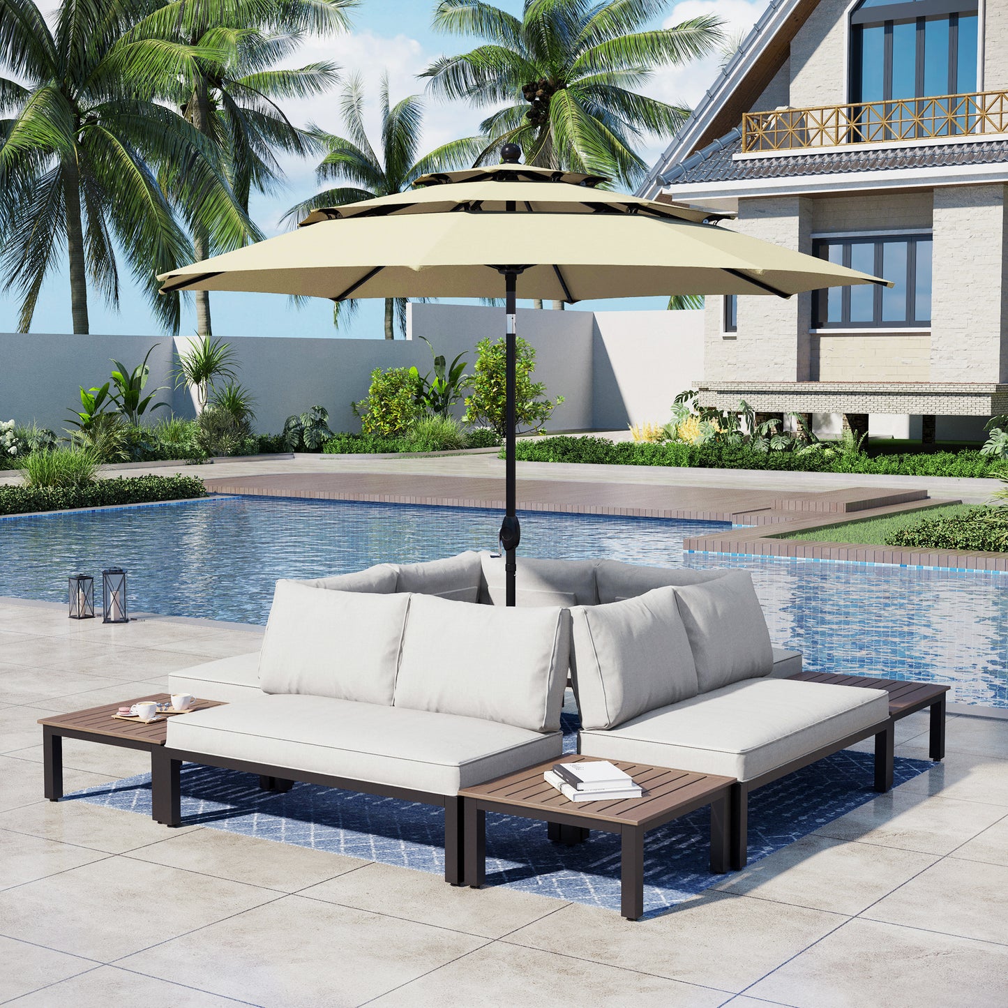 Captiva Designs Outdoor Off-white Conversation Set with Sectional Sofa & Coffee Table & Removable Cushion