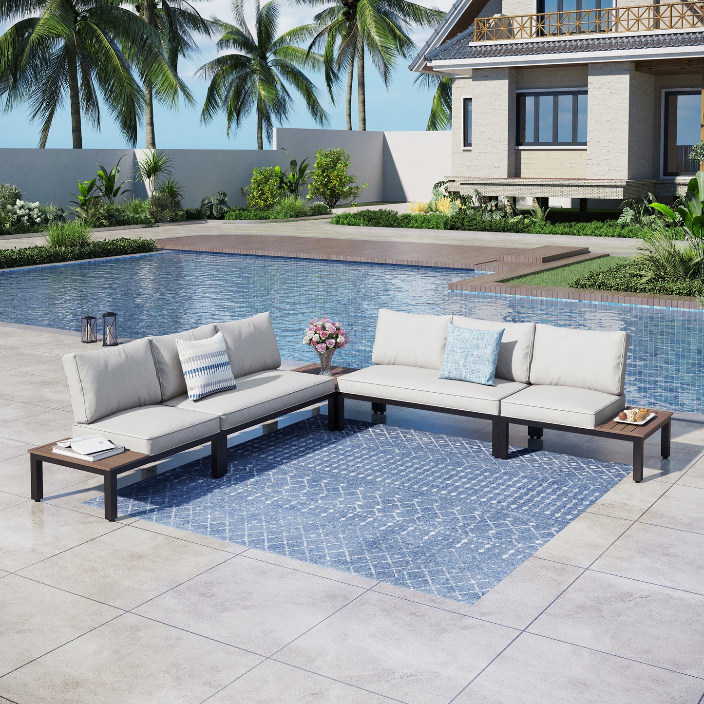Captiva Designs Outdoor Off-white Conversation Set with Sectional Sofa & Coffee Table & Removable Cushion