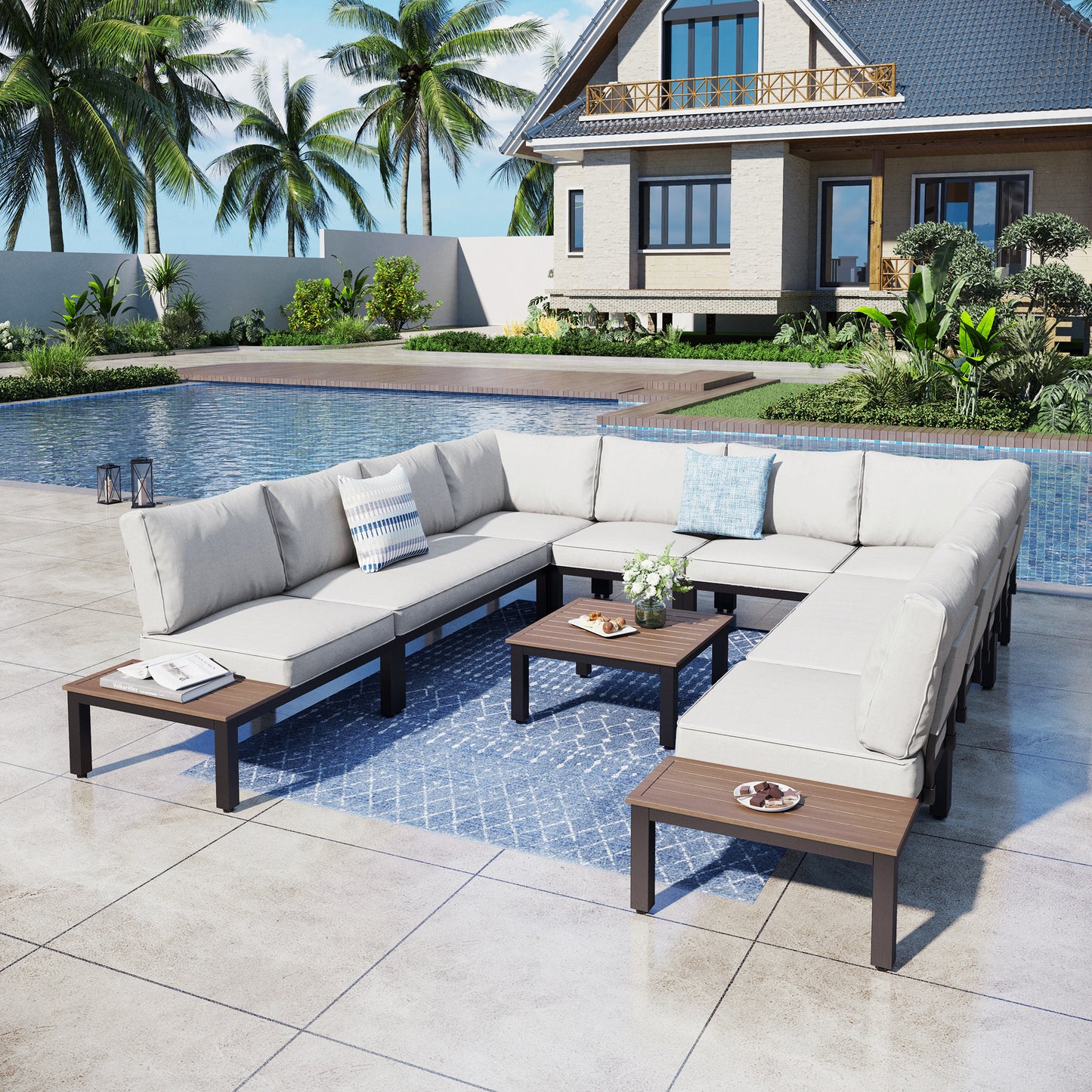 Captiva Designs Outdoor Off-white Conversation Set with Sectional Sofa & Coffee Table & Removable Cushion