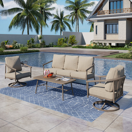 Captiva Designs 4PC Windsor Style Patio Outdoor Sofa Conversation Set with Swivel Chairs for Deck Lawn Backyard