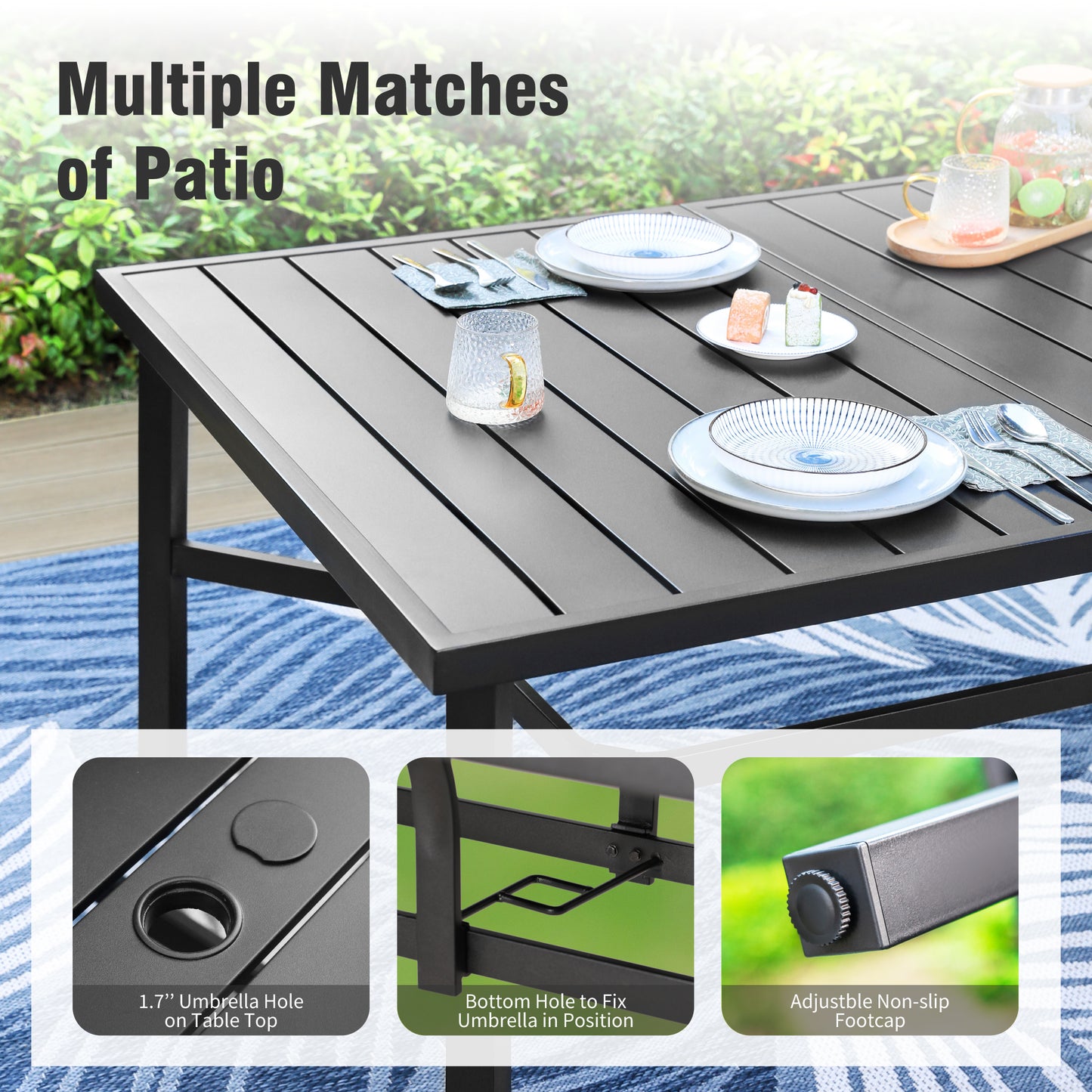 Captiva Designs 9 件套露台餐桌椅套装，配有可调节钢制长方形餐桌和 Textilene 铝制椅子