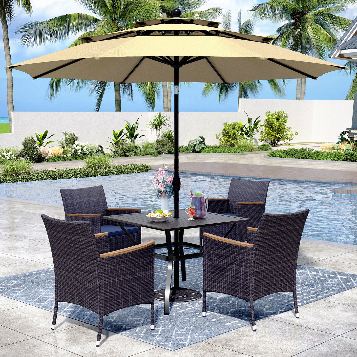 Captiva Designs 6pc Patio Slat-top Black Dining Table & Crescent Arm Rattan Chairs & Market Umbrella