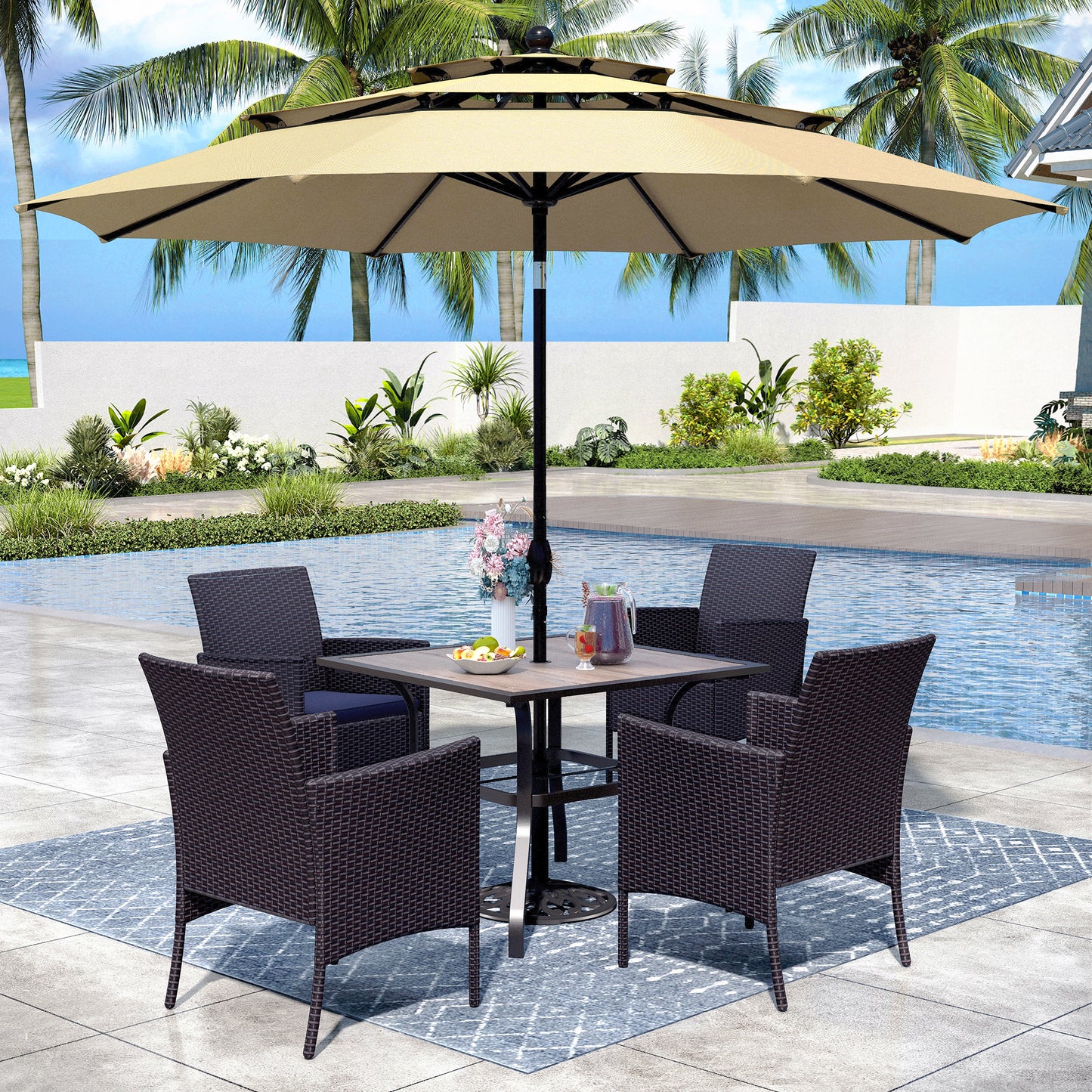 Captiva Designs 6pc Patio Slat-top Black Dining Table & Crescent Arm Rattan Chairs & Market Umbrella