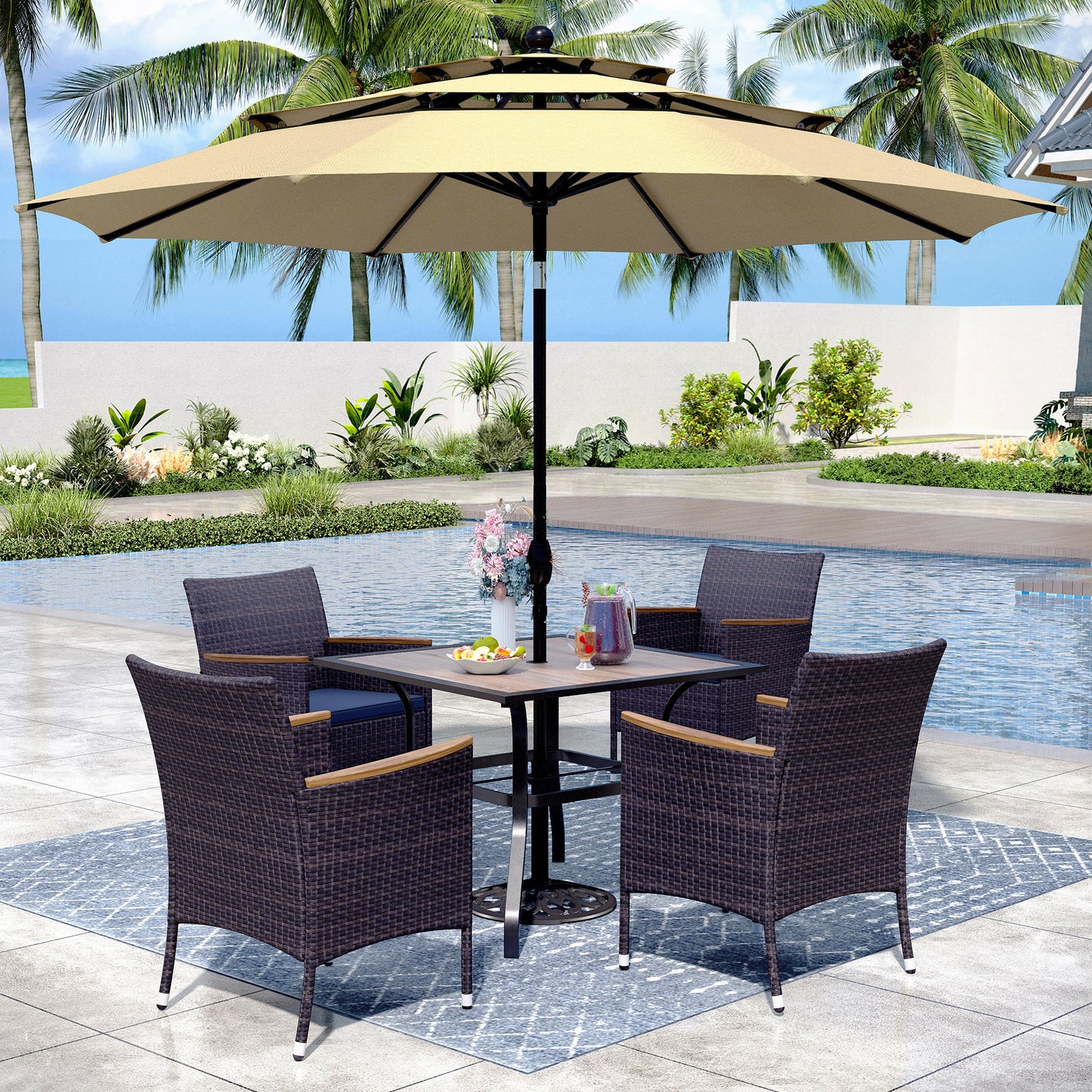 Captiva Designs 6pc Patio Slat-top Black Dining Table & Crescent Arm Rattan Chairs & Market Umbrella