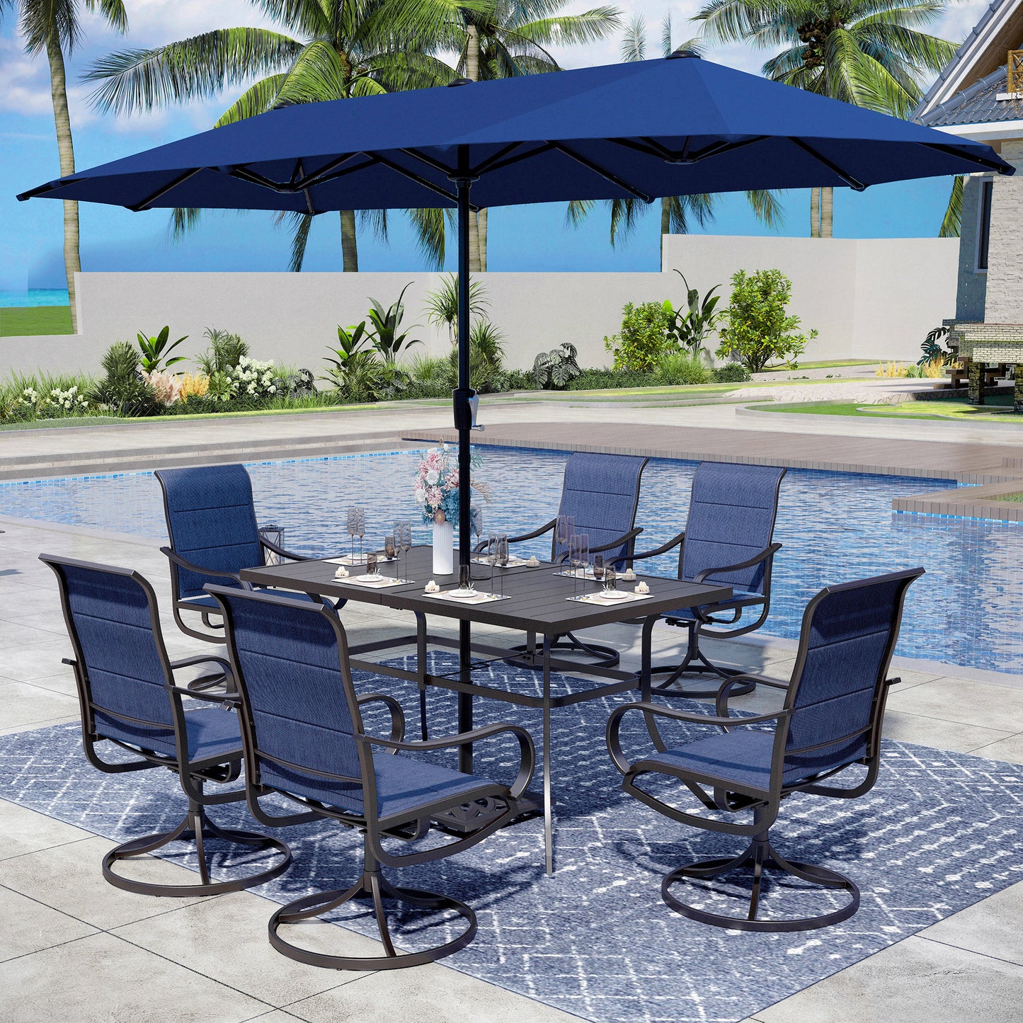 Captiva Designs 8pc Patio Dining Set with Rectangular steel table & Padded Sling Swivel Chairs & Market Umbrella