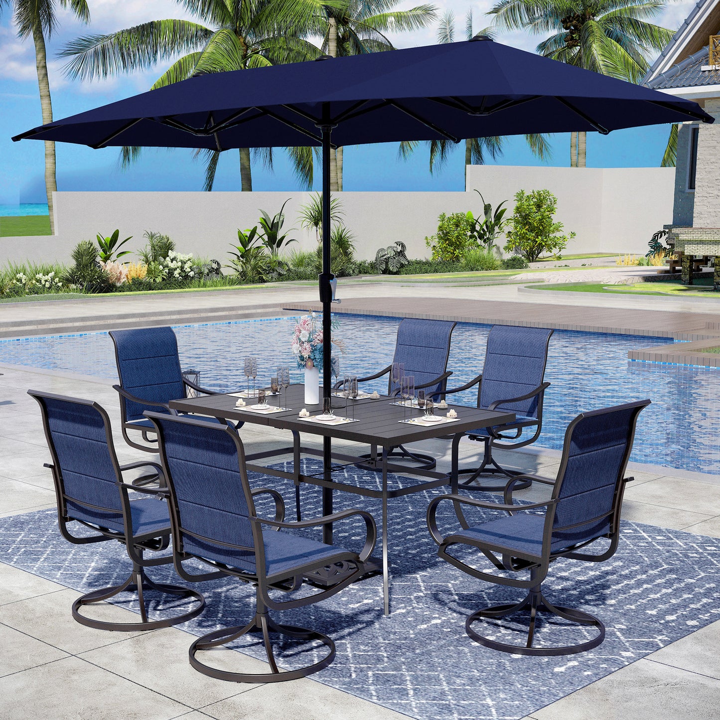 Captiva Designs 8pc Patio Dining Set with Rectangular steel table & Padded Sling Swivel Chairs & Market Umbrella