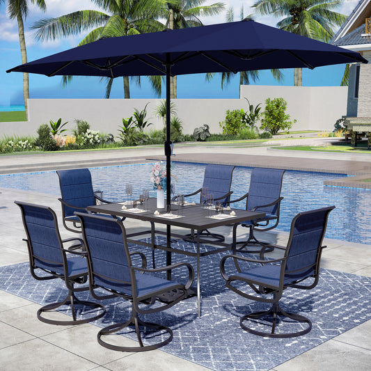 Captiva Designs 8pc Patio Dining Set with Rectangular steel table & Padded Sling Swivel Chairs & Market Umbrella