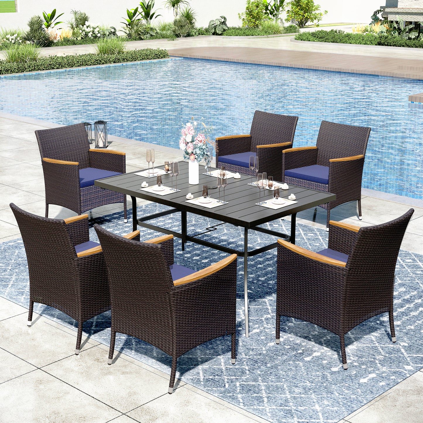 Captiva Designs 7pc Outdoor Patio Slat-top  Dining Steel Table & Rattan Chairs with Removable Cushions