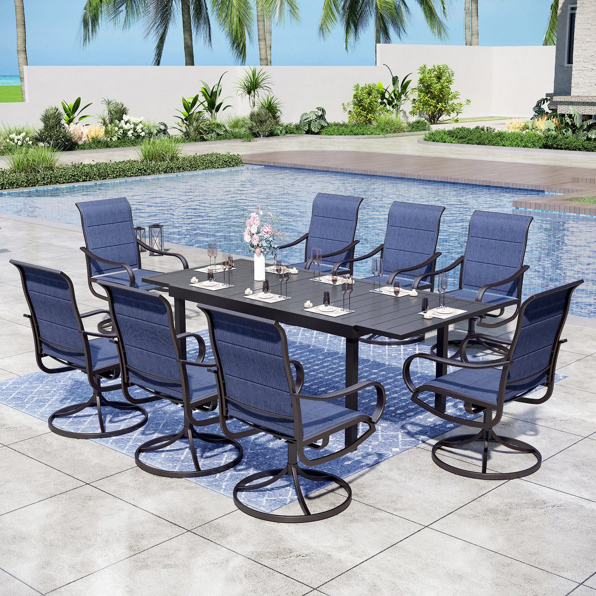 Captiva Designs 9pc Patio Dining Slatted Tabletop Steel Rectangle Table & Padded Sling Swivel Chairs