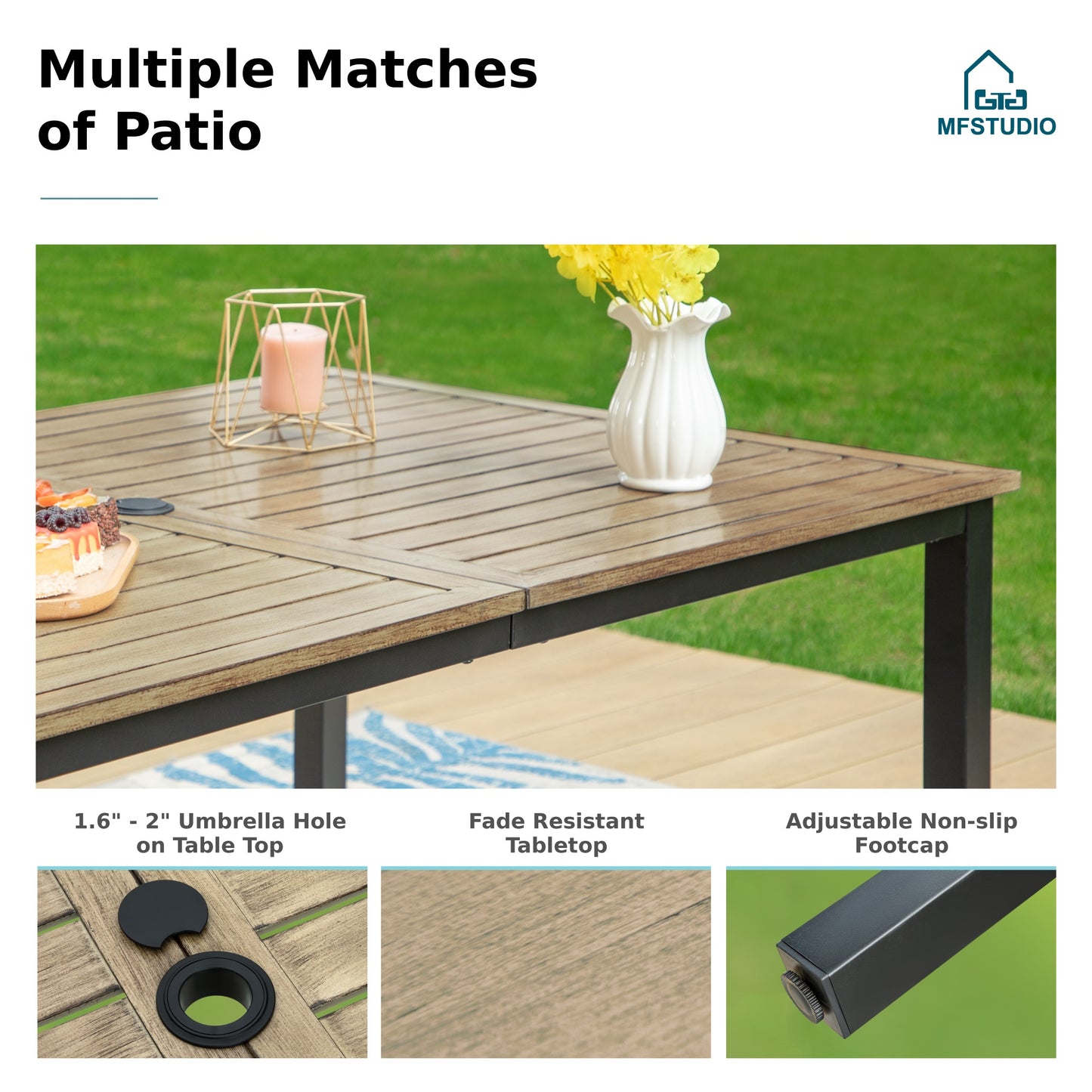 MFSTUDIO Patio Dining Set for 6, Patio Table and Chairs Set with Umbrella Hole, 7 Piece Outdoor Dining Set for Deck Backyard Garden
