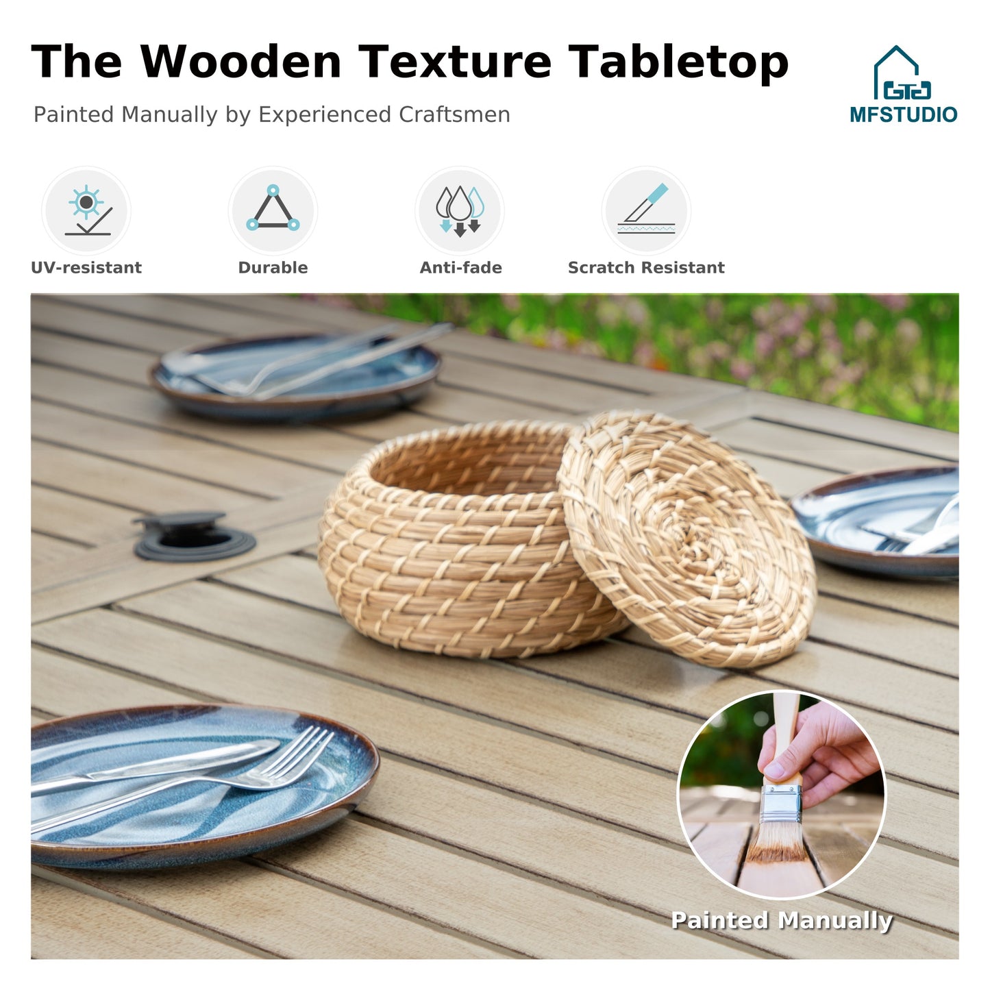 MFSTUDIO Patio Dining Set for 6, Patio Table and Chairs Set with Umbrella Hole, 7 Piece Outdoor Dining Set for Deck Backyard Garden