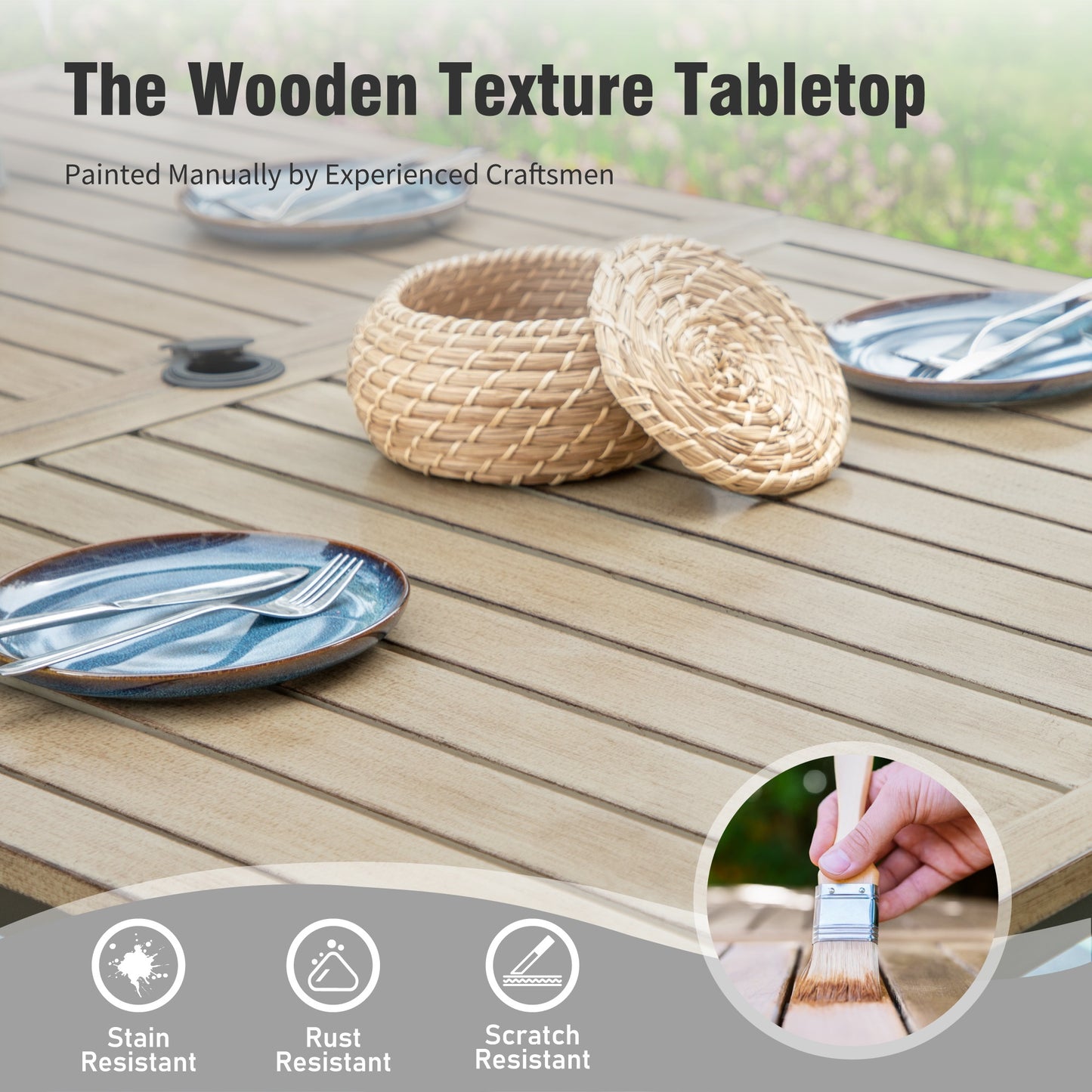 Captiva Designs 7pc Outdoor Patio Black Steel Dining Table & Brown Textilene Arm Chairs