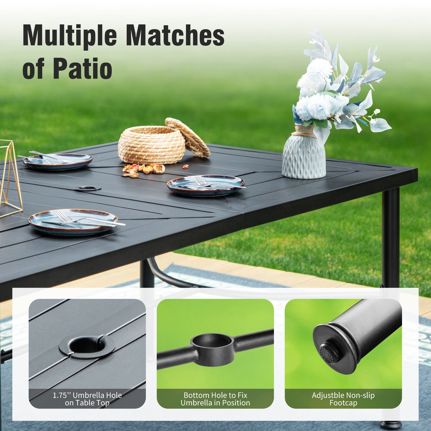 Captiva Designs 7 件套露台餐厅钢制长方形桌子和蓝色 Textilene 360​​ 度旋转椅